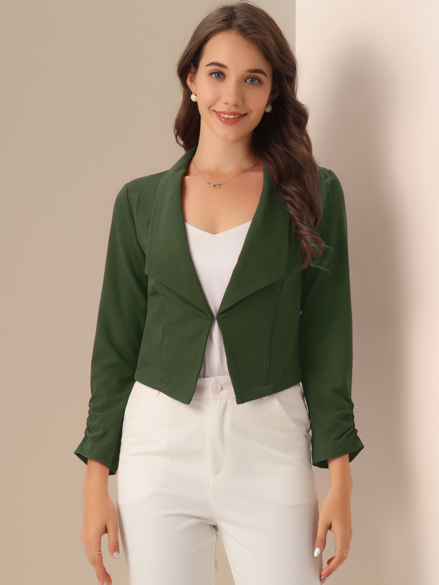 Ruched Sleeve Notched Lapel Business Cropped Blazer Jacket Army Green/L