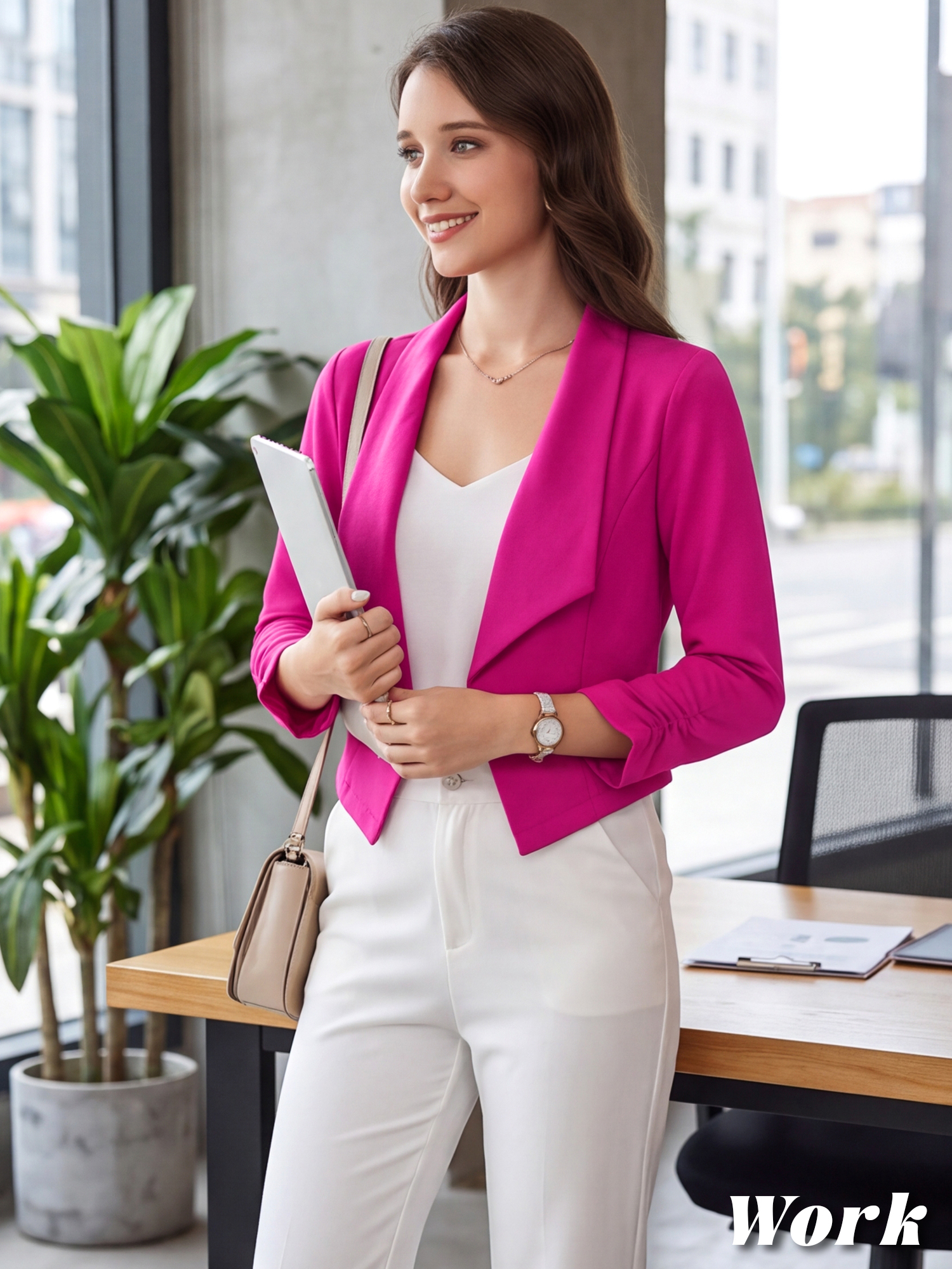 Notched Lapel Ruched Sleeve Business Cropped Jacket Blazer Hot Pink/S