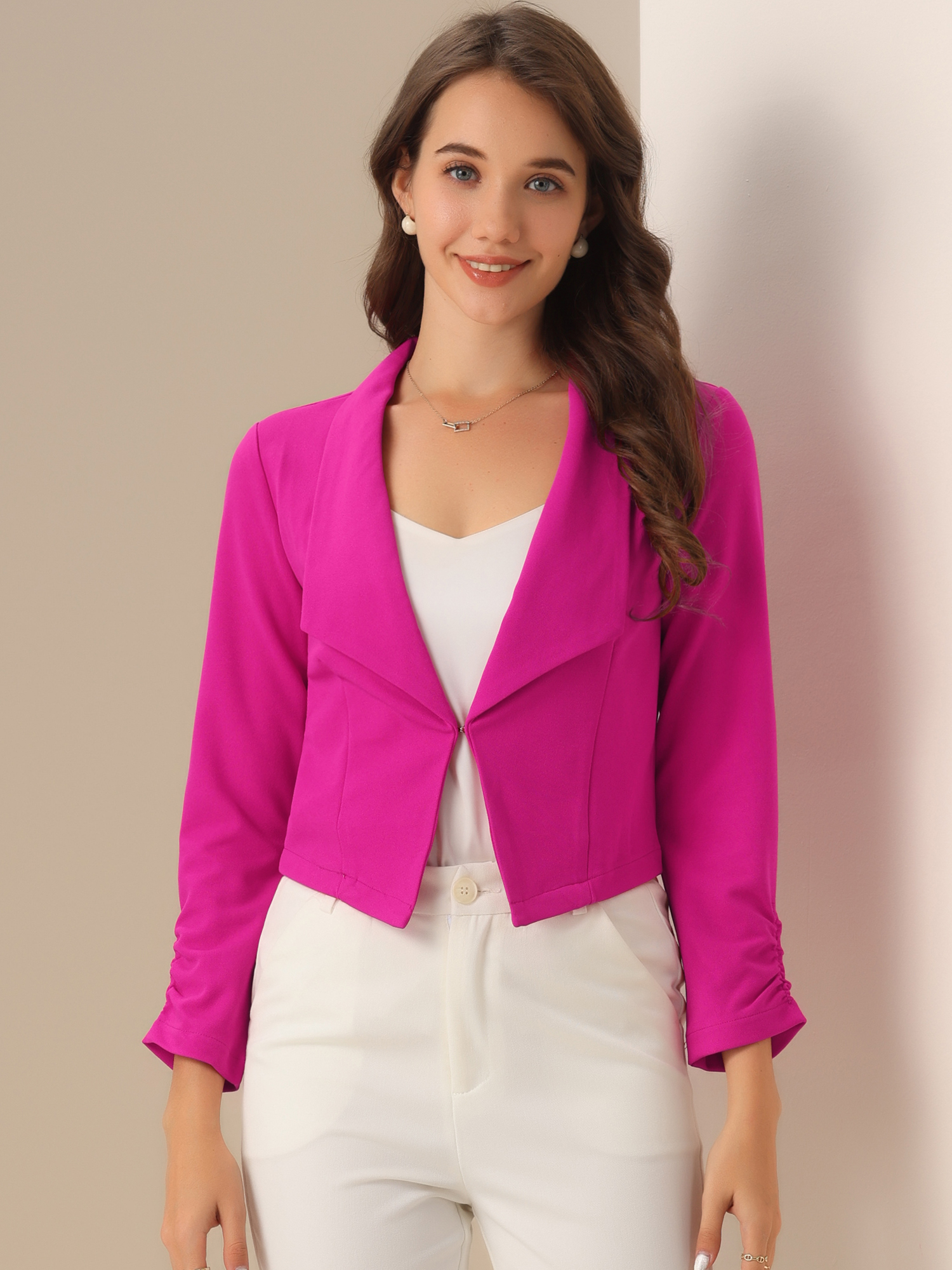 Notched Lapel Ruched Sleeve Business Cropped Jacket Blazer Hot Pink/L