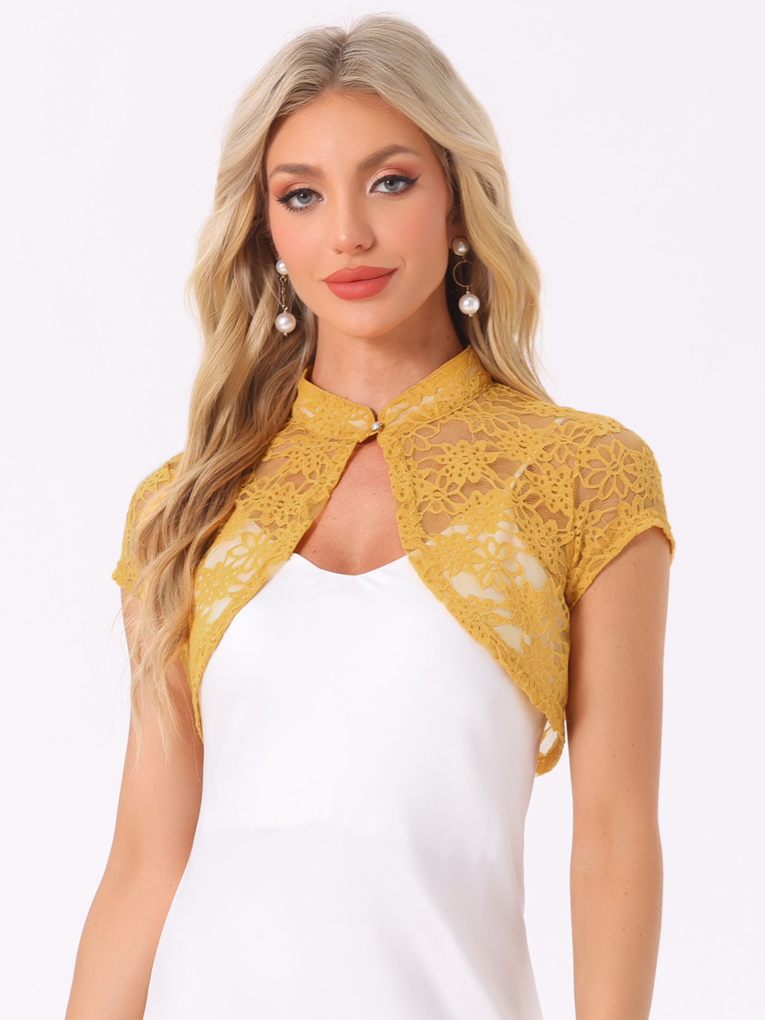 Lace Cardigan Stand Collar Short Elegant Shrug Ginger Yellow/M