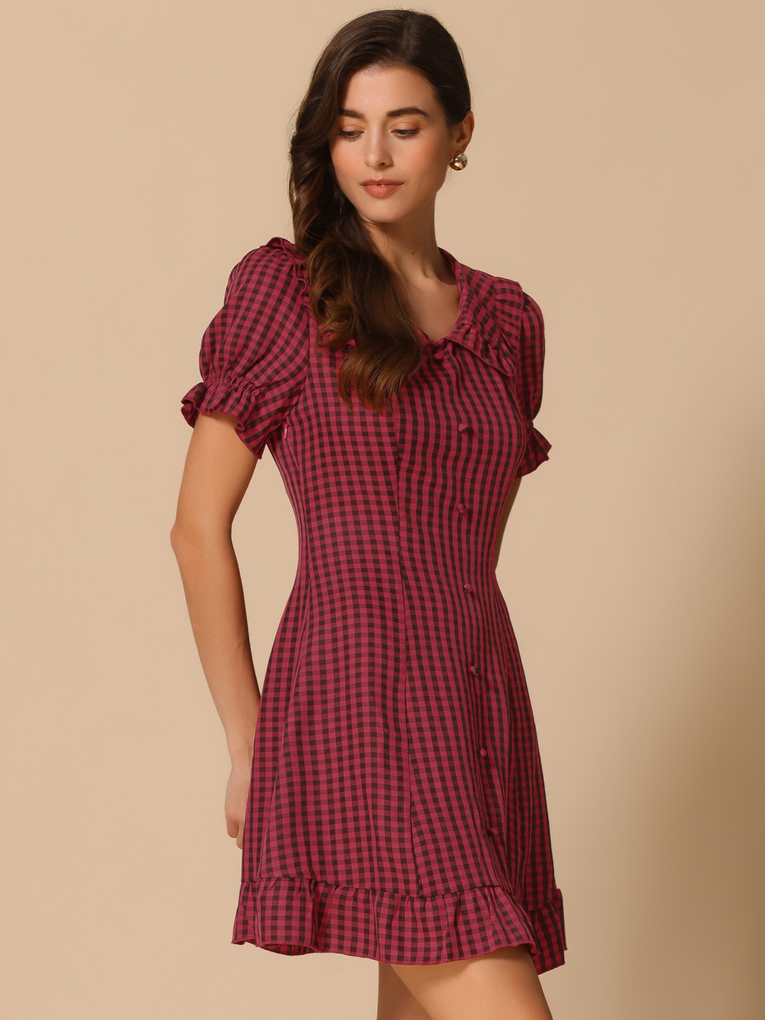 Gingham Checks Ruffled Peter Pan Collar 1960s Vintage Mini Dress Red Black/XS