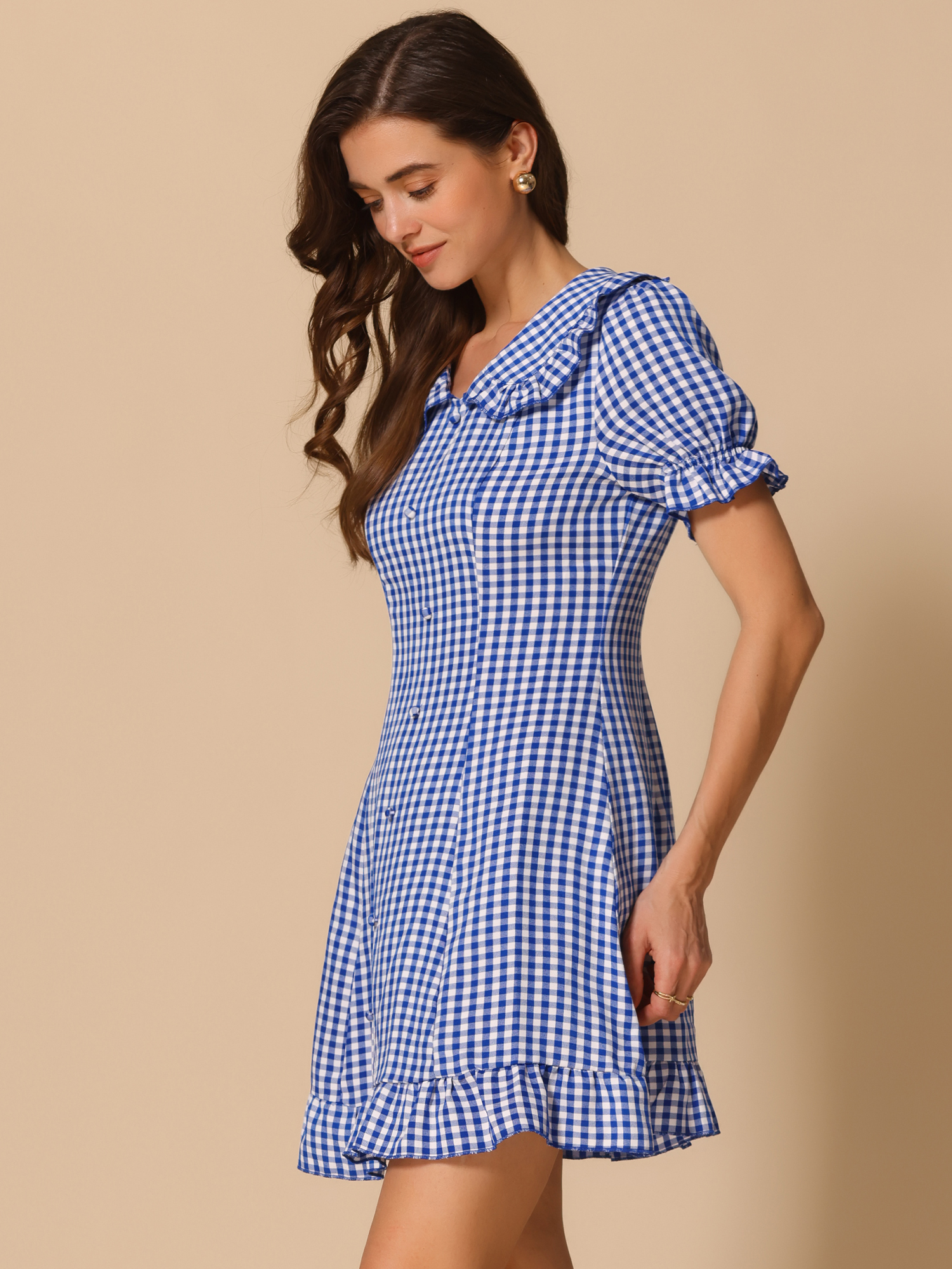 Gingham Checks Ruffled Peter Pan Collar 1960s Vintage Mini Dress Blue/XL