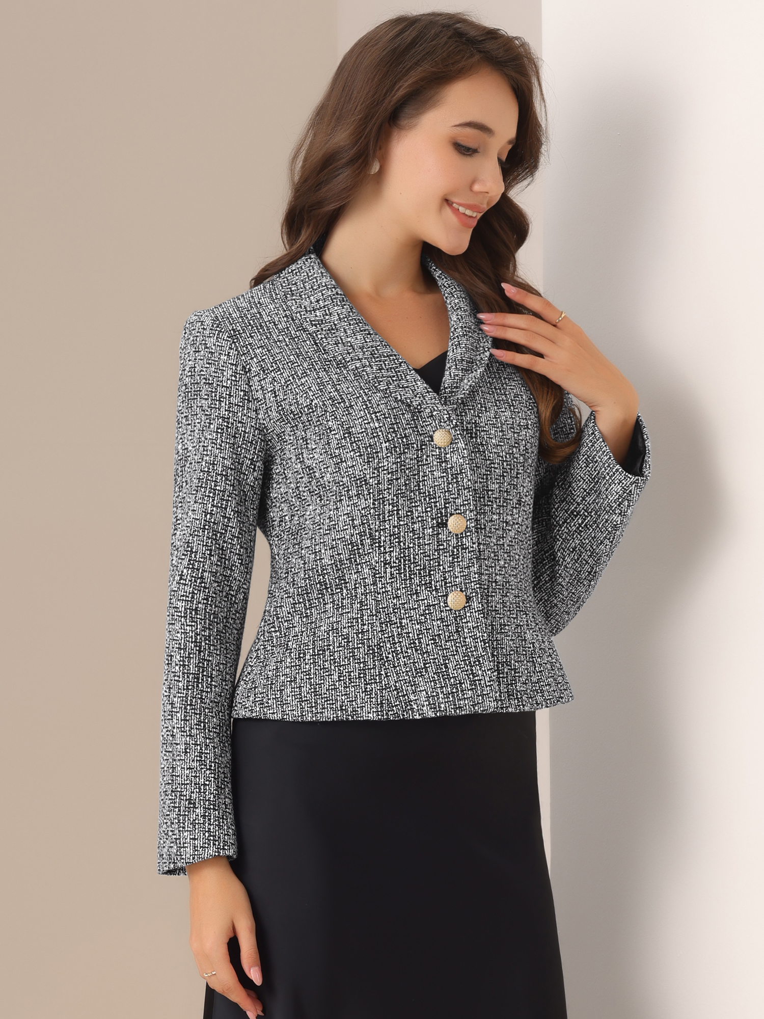 Tweed Shawl Collar Button Down Long Sleeves Textured Blazer Black/XL