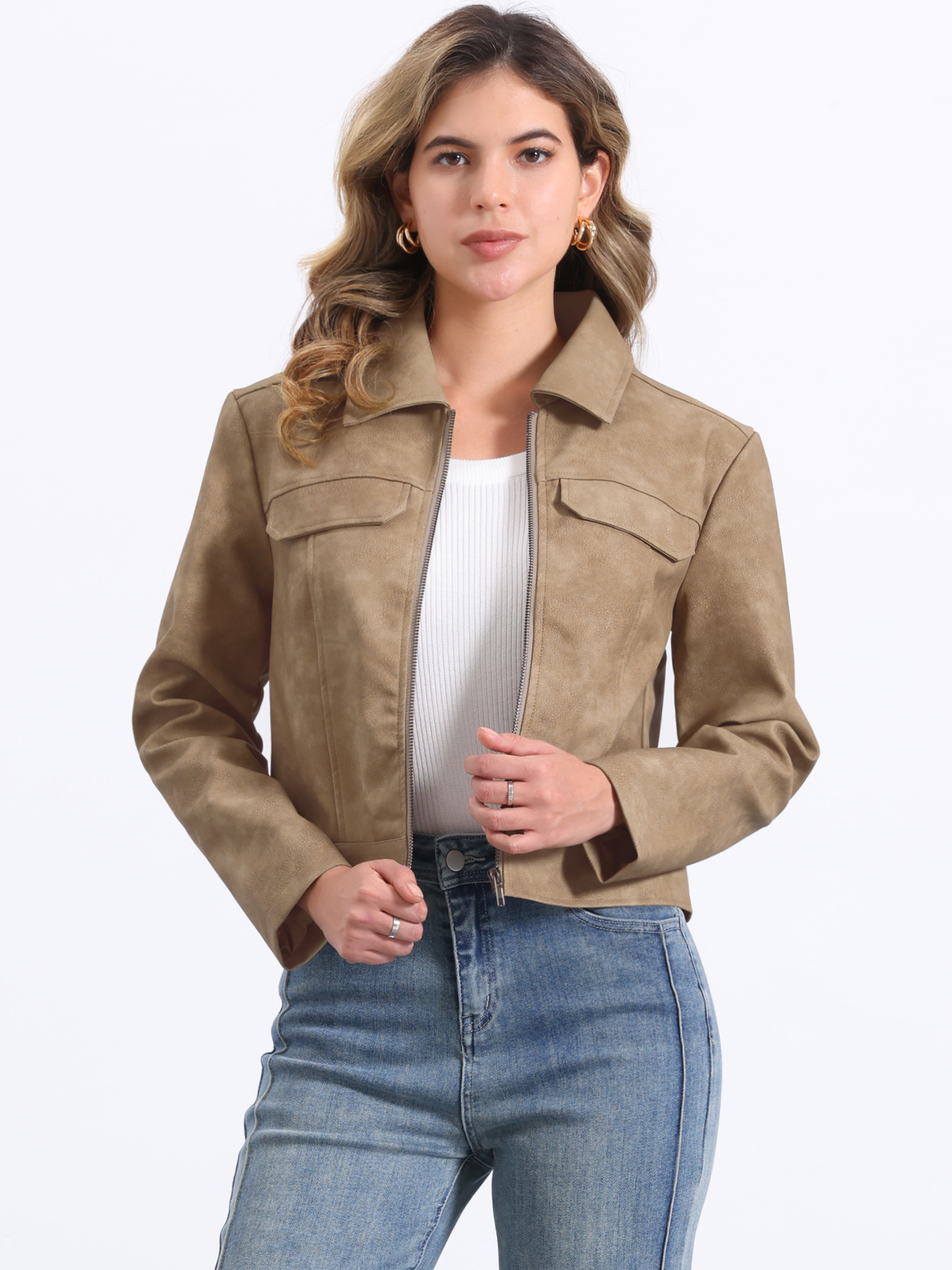 Collar Faux Leather Zip Up Long Sleeve Casual Cropped Jacket Tan/XS