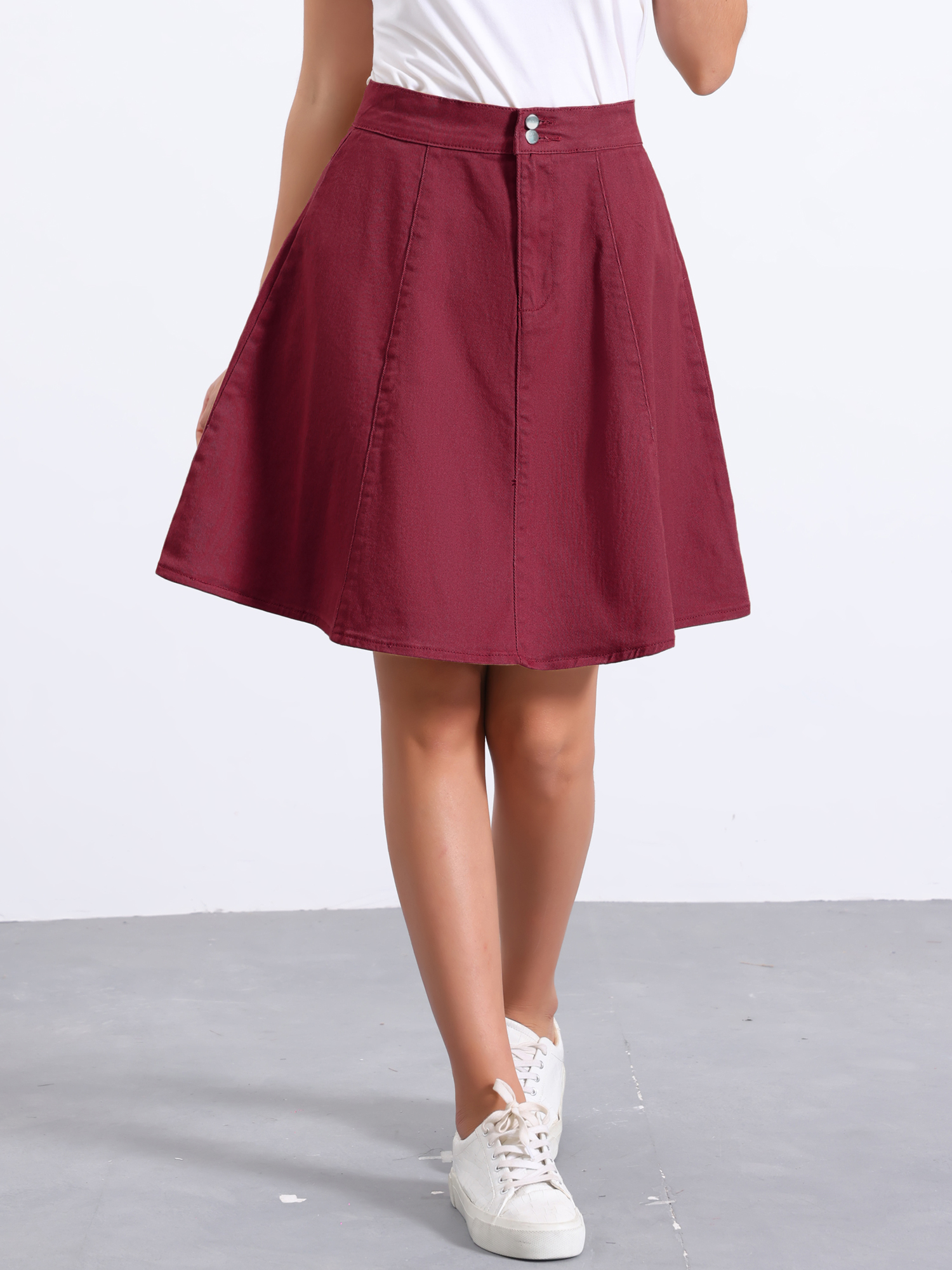 High Waisted A-Line Flared Casual Denim Midi Jean Skirt Dark Red/S