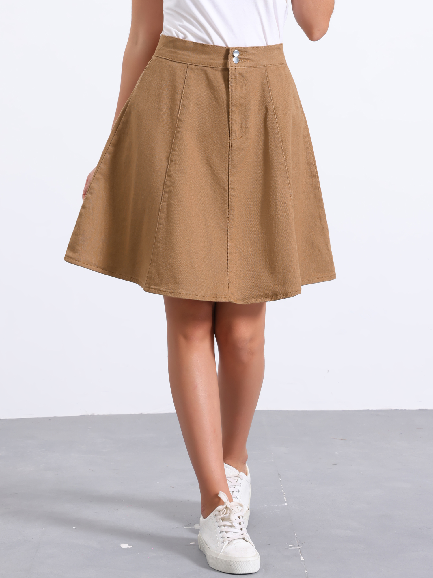 High Waisted A-Line Flared Casual Denim Midi Jean Skirt Brown/M