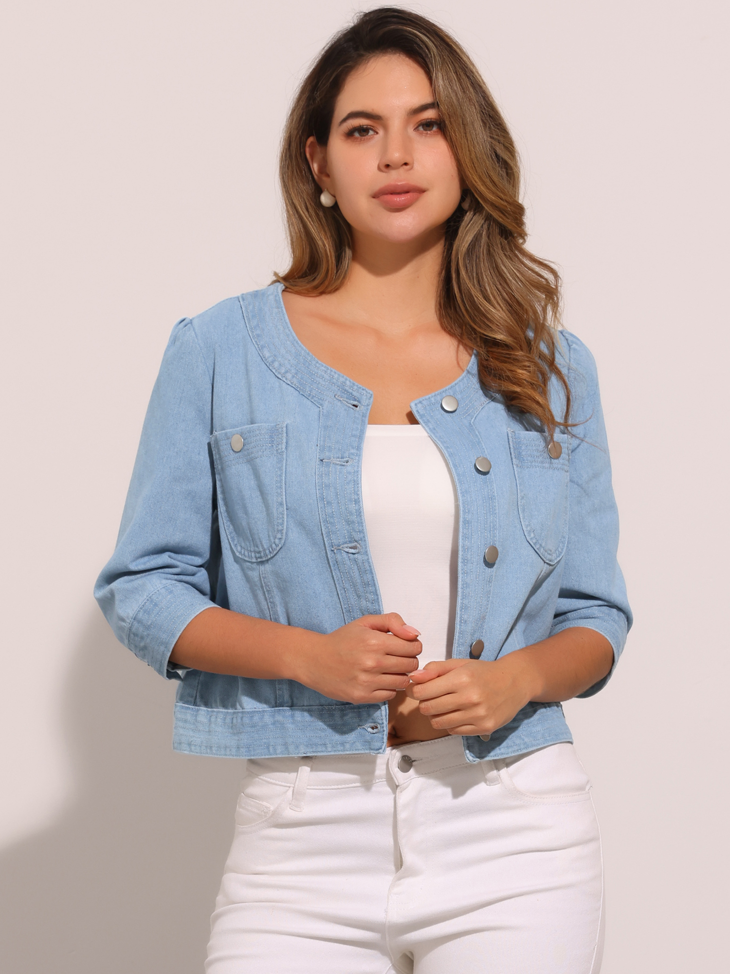 Denim 3/4 Sleeve Collarless Button Up Cropped Jean Jacket Light Blue/L