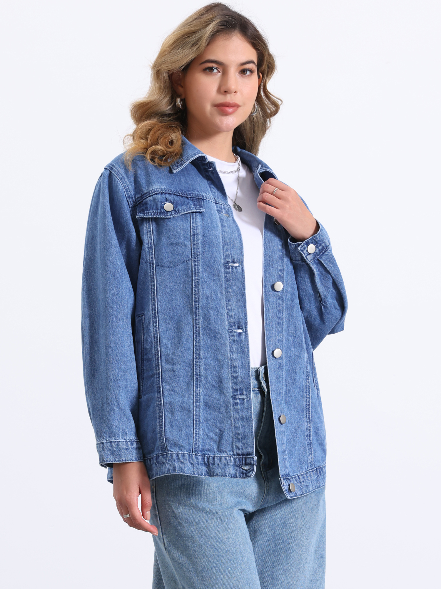 Oversized Denim Long Sleeve Pocketed Jean Jacket Light Blue/XS