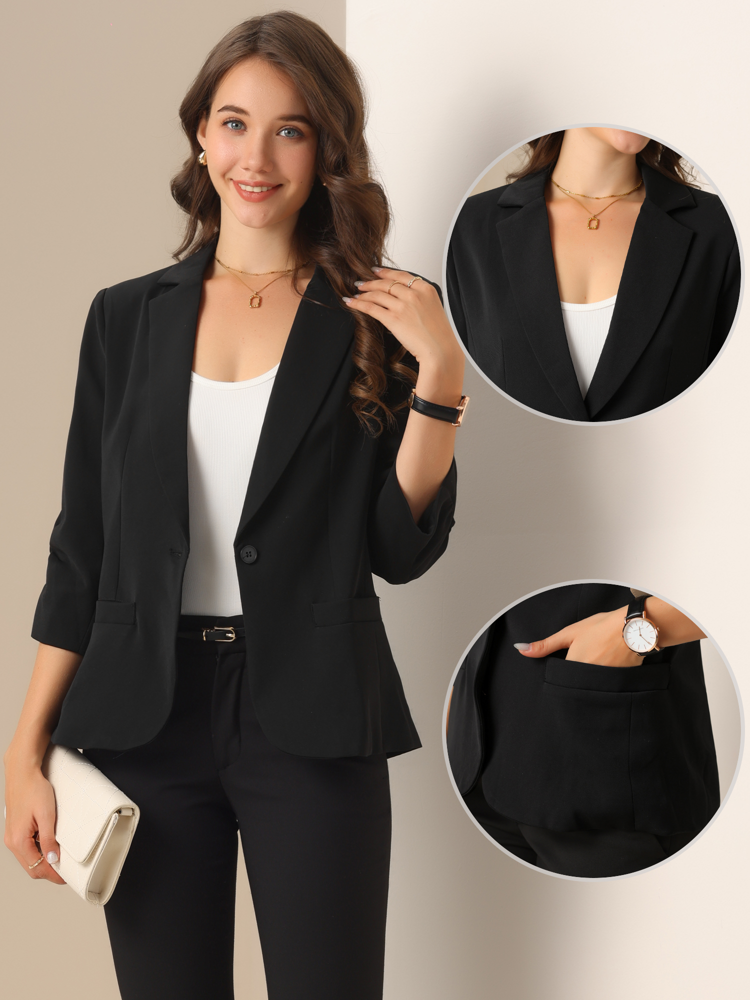 3/4 Sleeves One Buttoned Solid Color Blazer Black/M