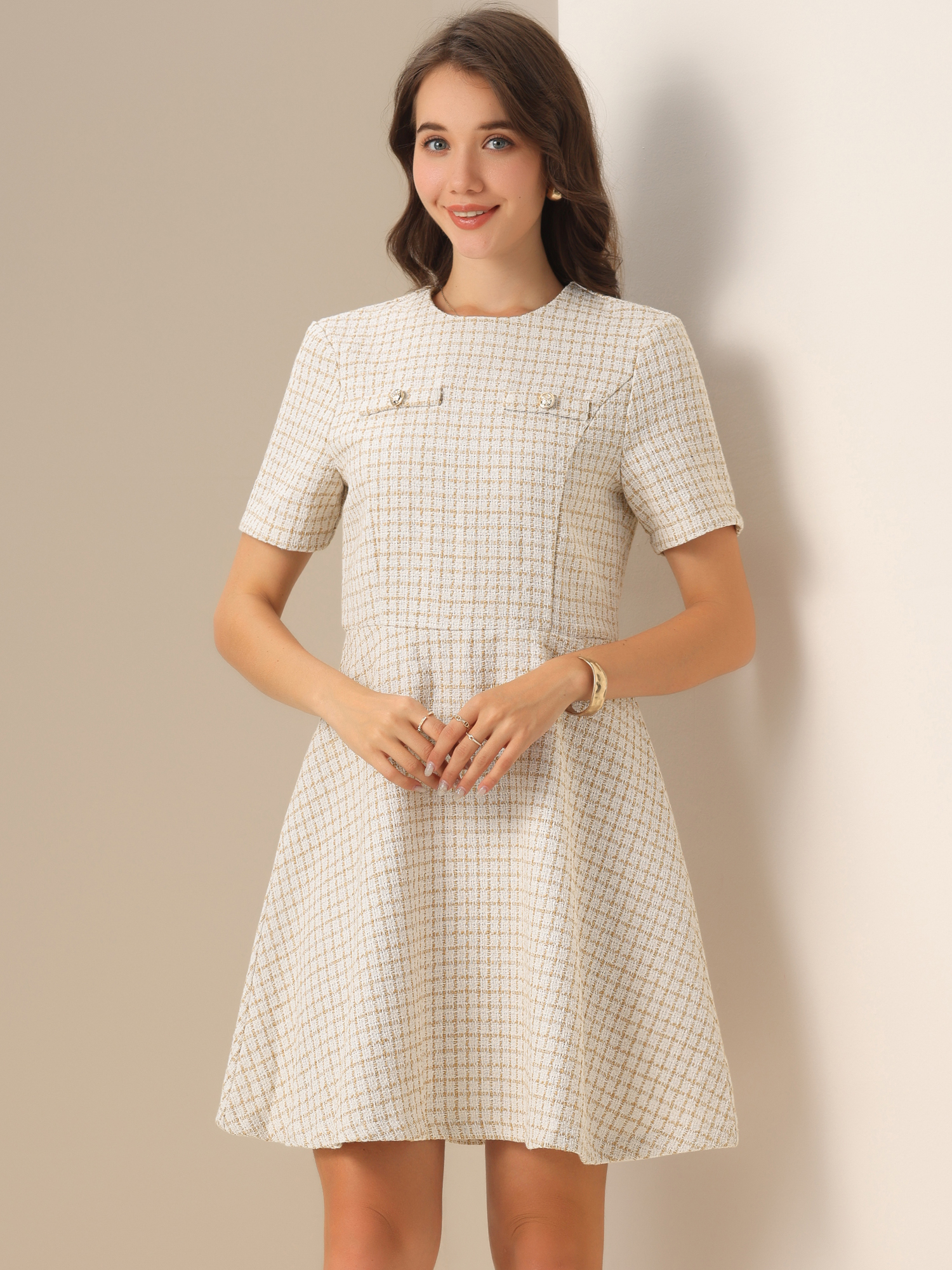 Short Sleeve Plaid Tweed Zipper Casual Mini Dress Yellow/M