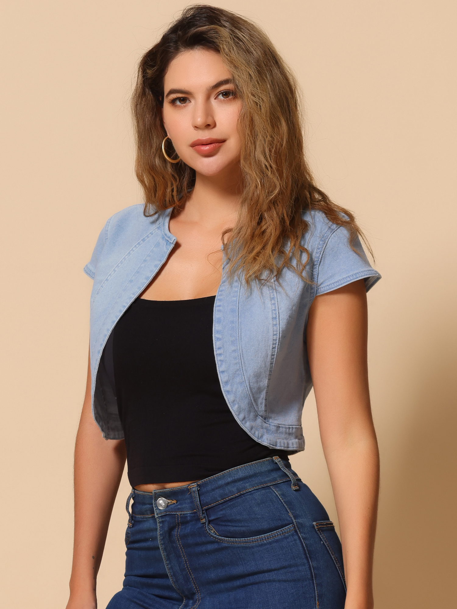 Crop Denim Cap Sleeve Slim Fit Summer Jean Jacket Sky Blue/XL