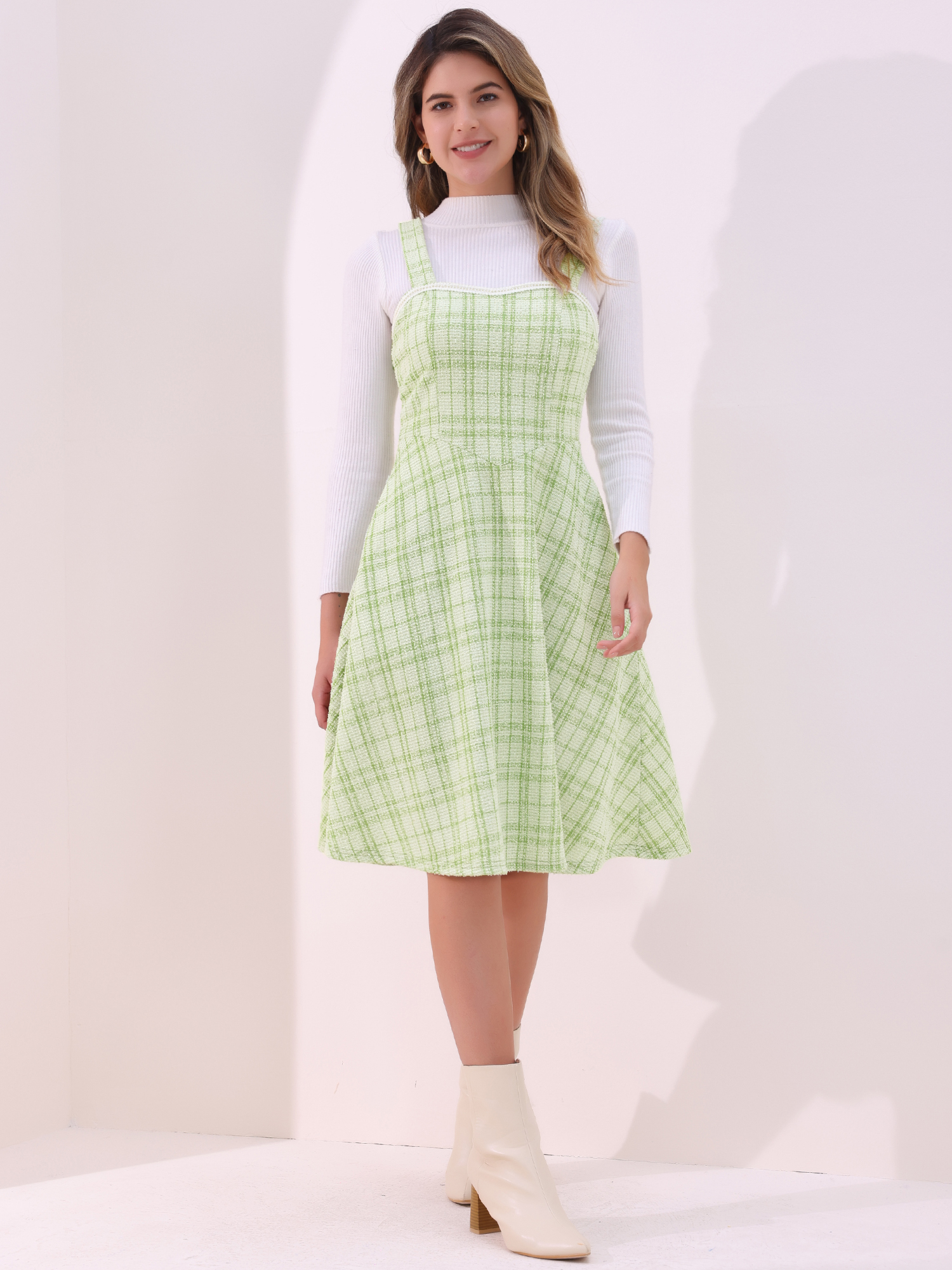 Tweed Plaid Sleeveless Pockets A-Line Pinafore Overall Dress Green/XL