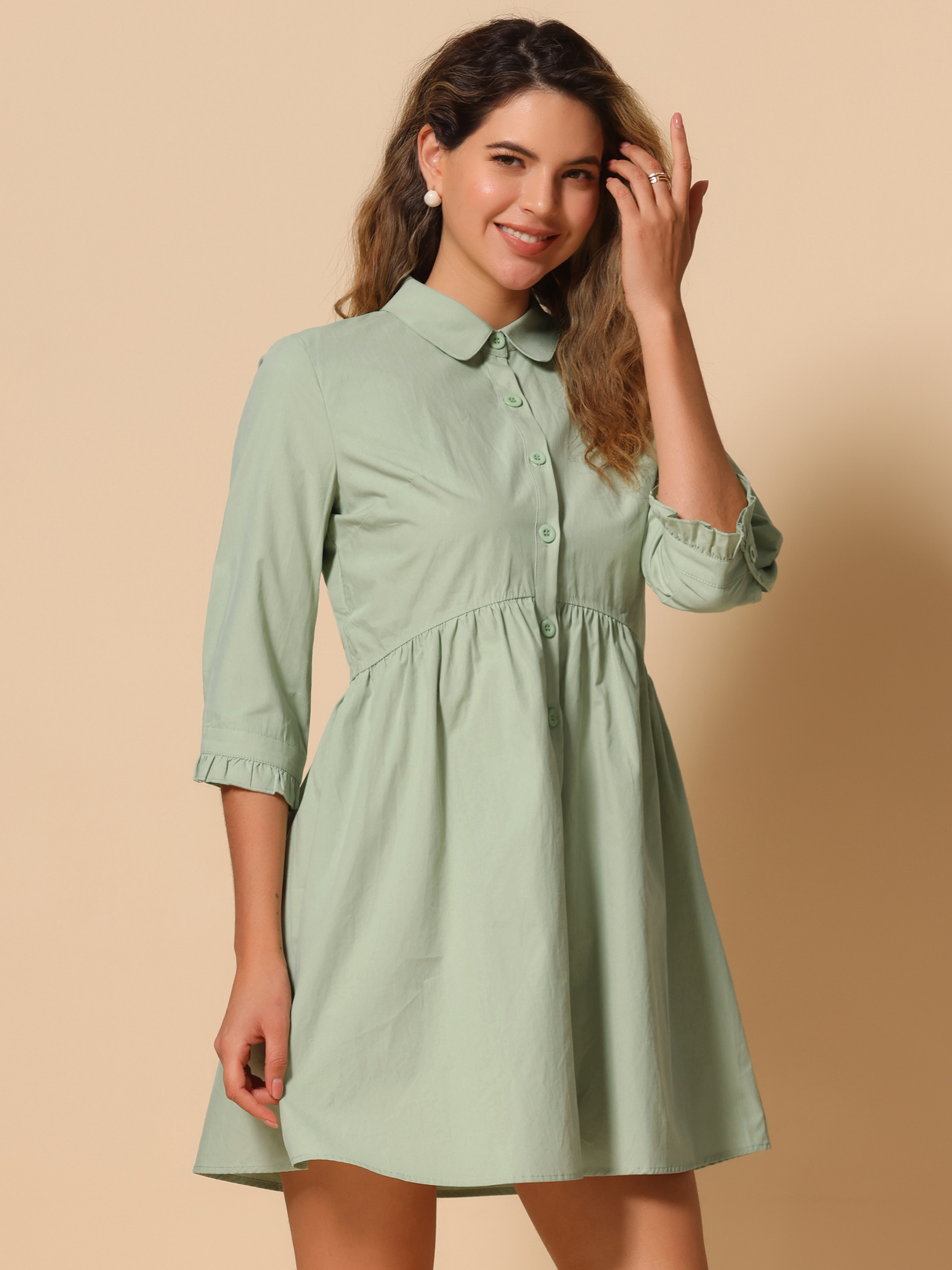 Ruched 3/4 Sleeve Button Up Casual Mini Shirt Dress Light Green/XL