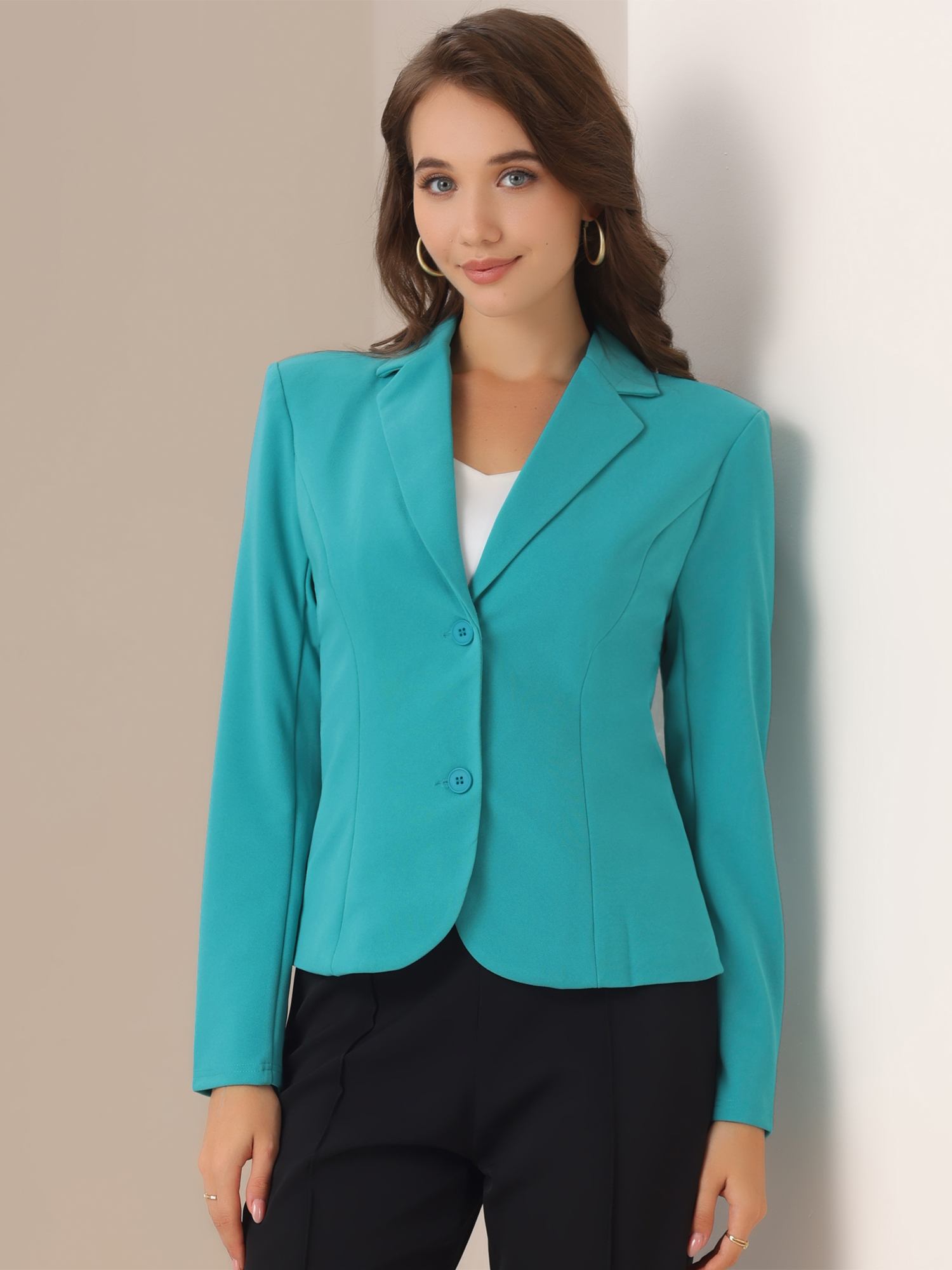 Solid Work Office Lapel Collar Stretch Jacket Suit Blazer Teal/L
