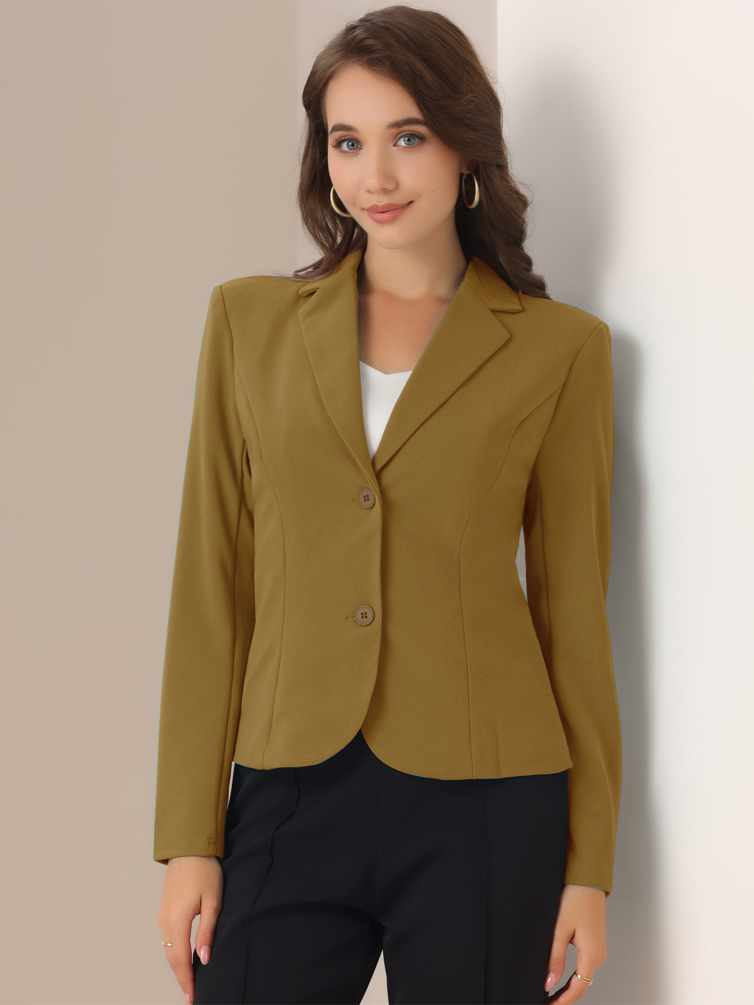 Solid Work Office Lapel Collar Stretch Jacket Suit Blazer Mustard/S