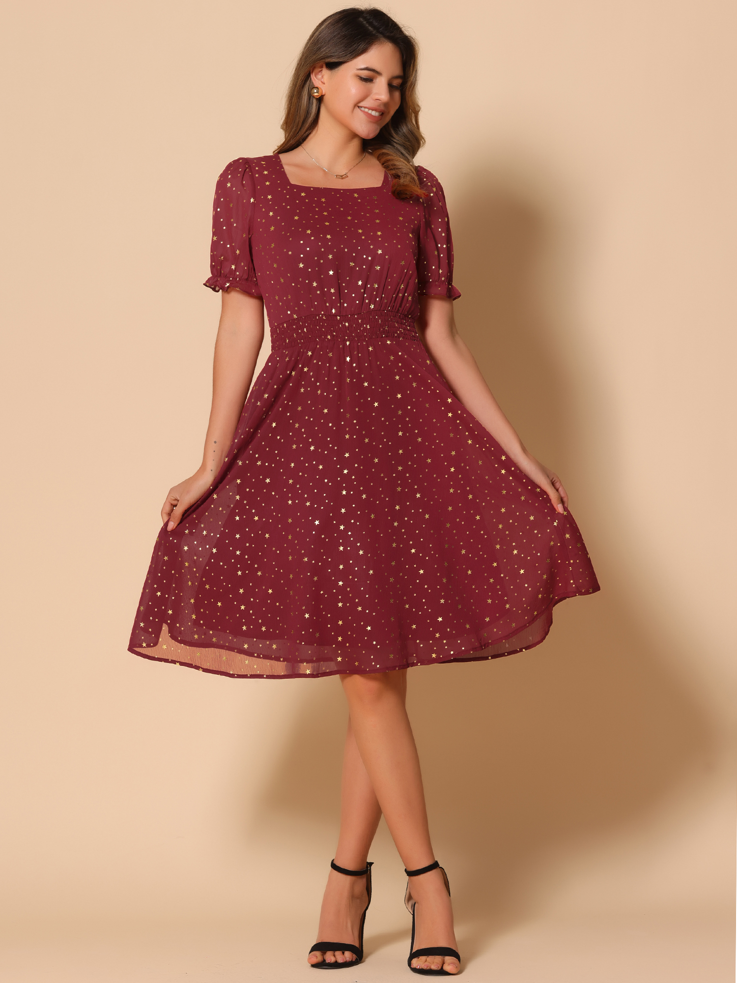 Square Neck Metallic Stars Ruffle Short Sleeve A-Line Smocked Waist Midi Dress Dark Red/XS