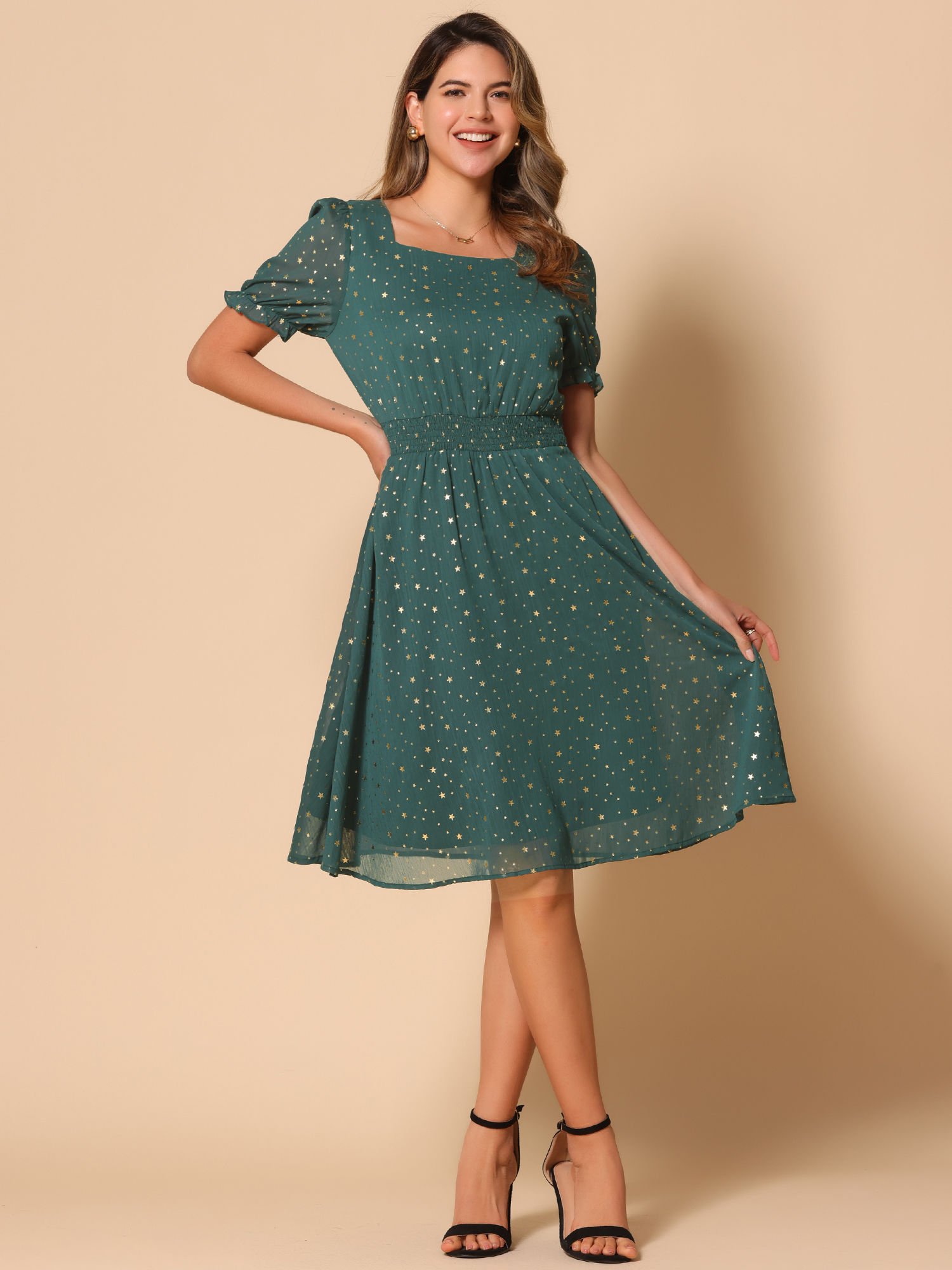 Square Neck Metallic Stars Ruffle Short Sleeve A-Line Smocked Waist Midi Dress Dark Green/M
