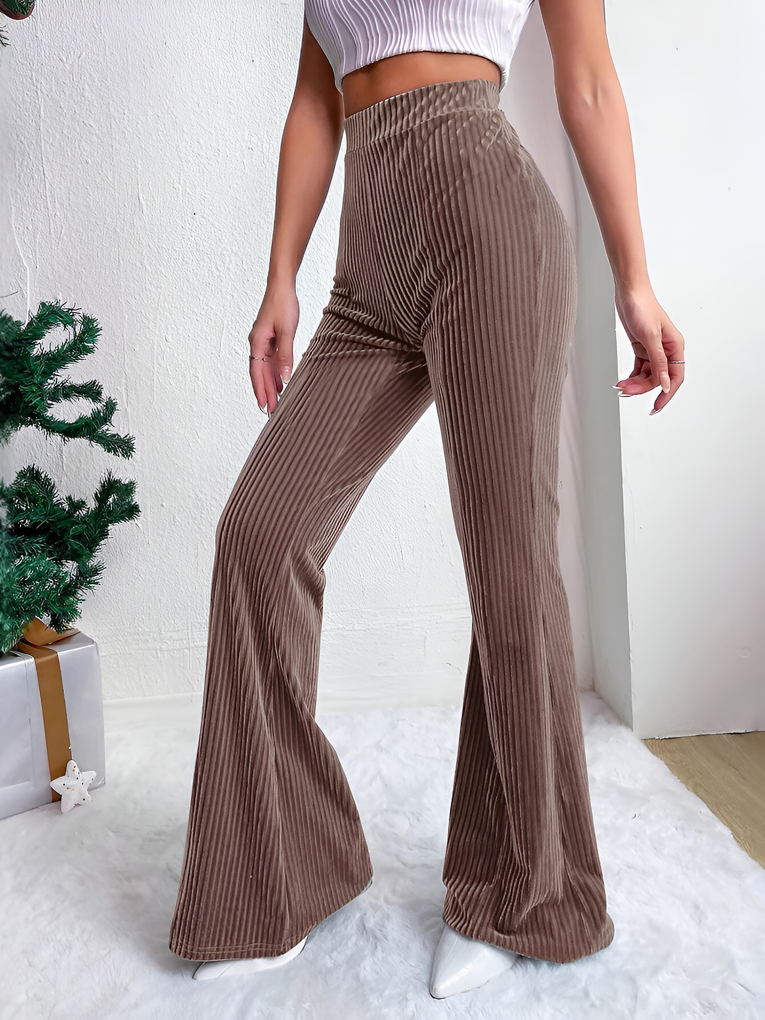 Corduroy Solid Color Casual Bell-Bottoms Trousers Pants Khaki/M