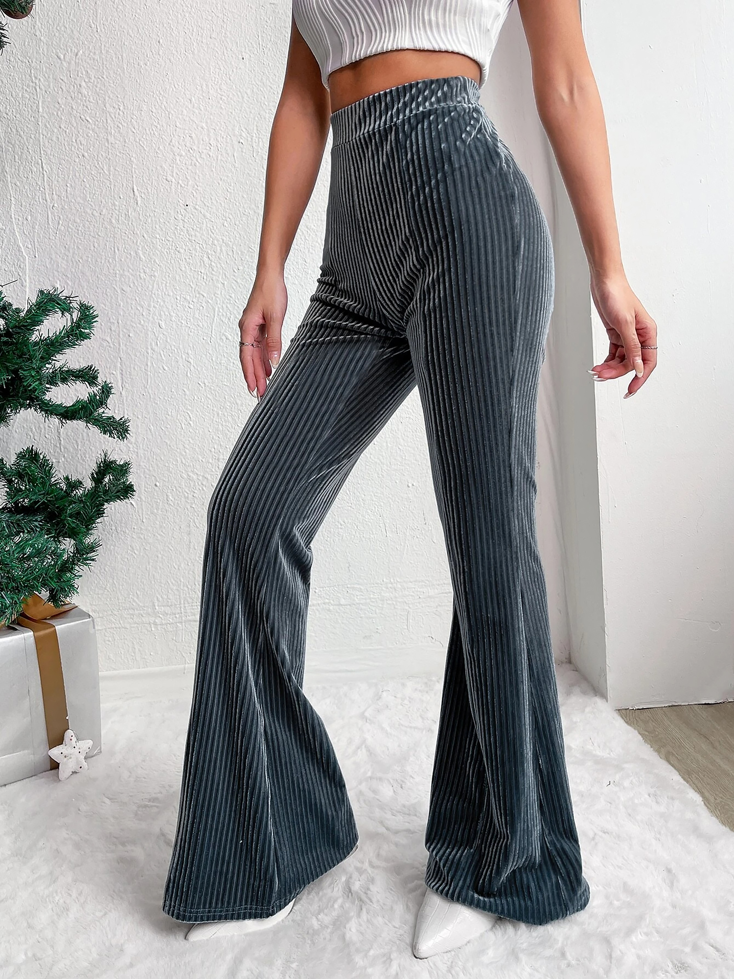 Corduroy Solid Color Casual Bell-Bottoms Trousers Pants Gray Blue/M