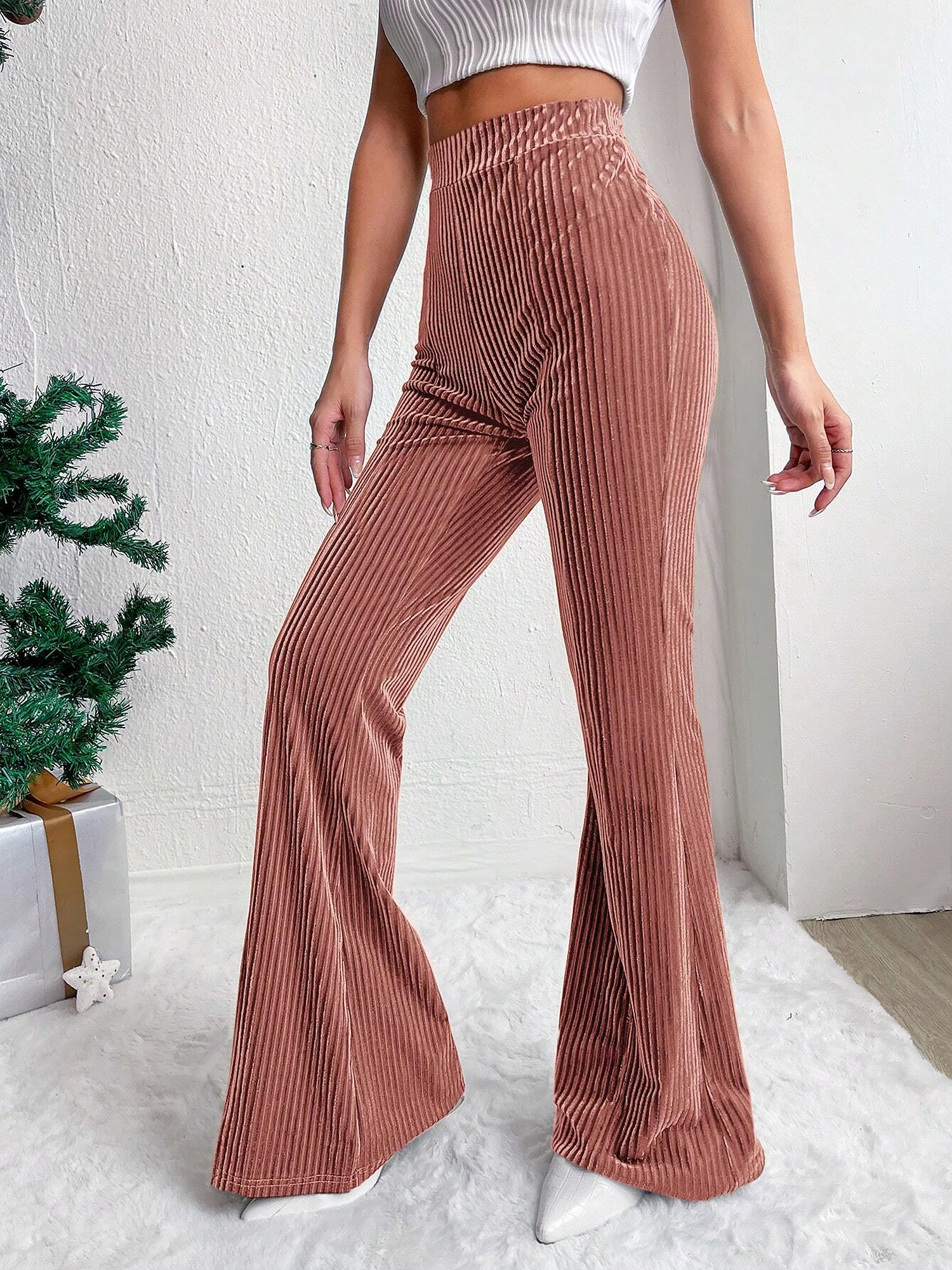 Corduroy Solid Color Casual Bell-Bottoms Trousers Pants Pink/XL