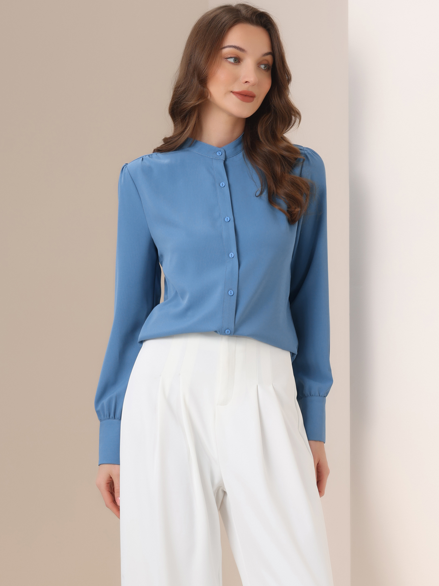 Mandarin Collar Long Sleeve Button Down Office Shirt Dusty Blue/XS