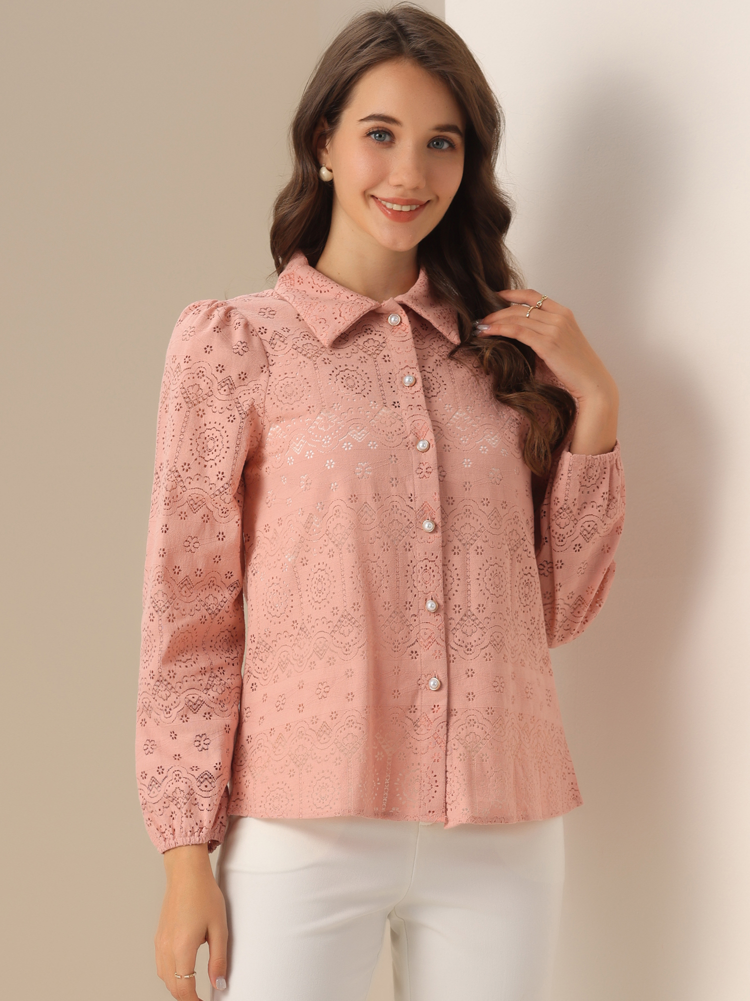 Eyelet Sheer Boho Button Down Puff Sleeves Shirts Dusty Pink/S