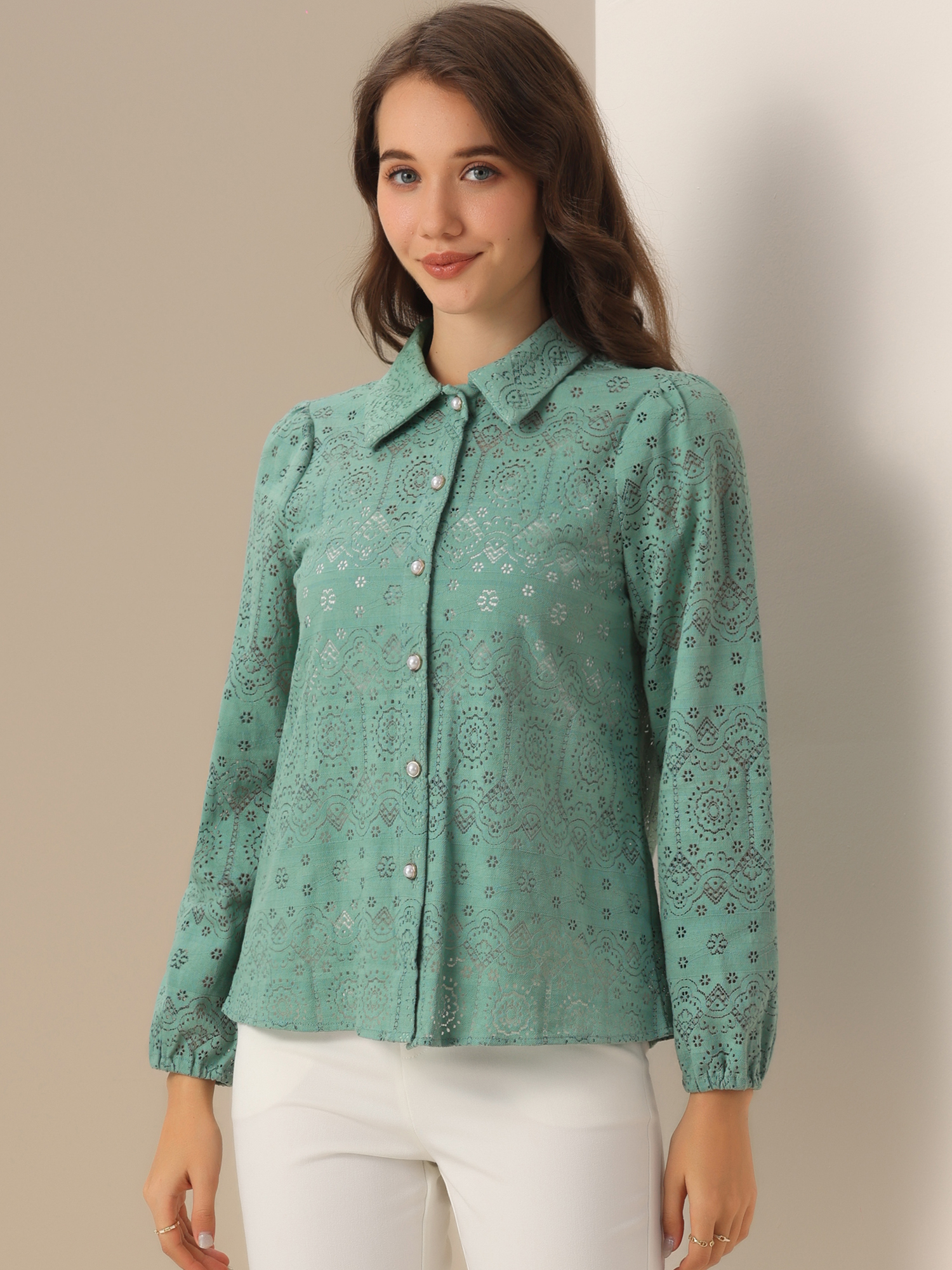 Eyelet Sheer Boho Button Down Puff Sleeves Shirts Pea Green/L