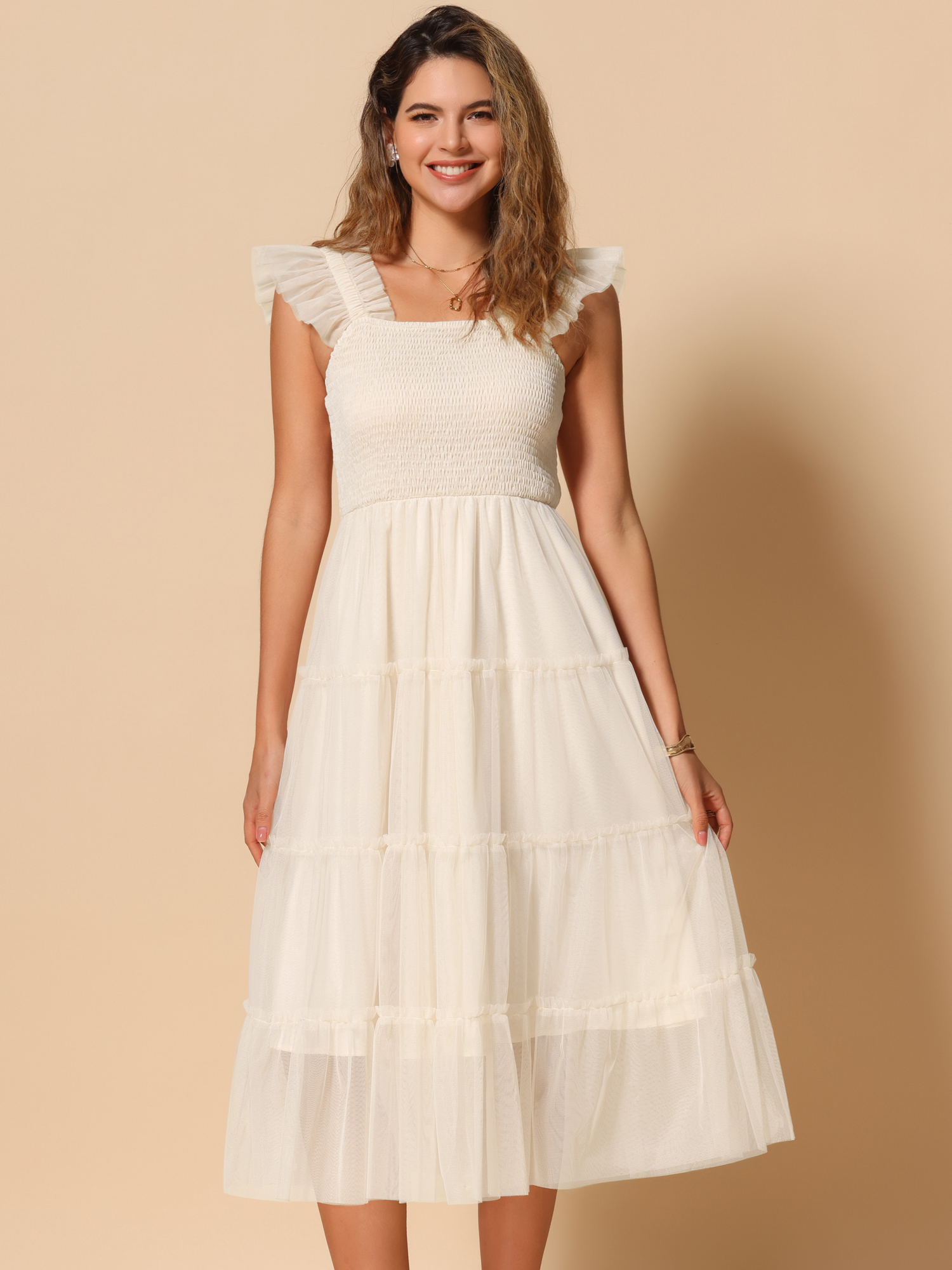 Smocked Tiered Ruffled Cap Sleeves Midi A-Line Dress Apricot/S