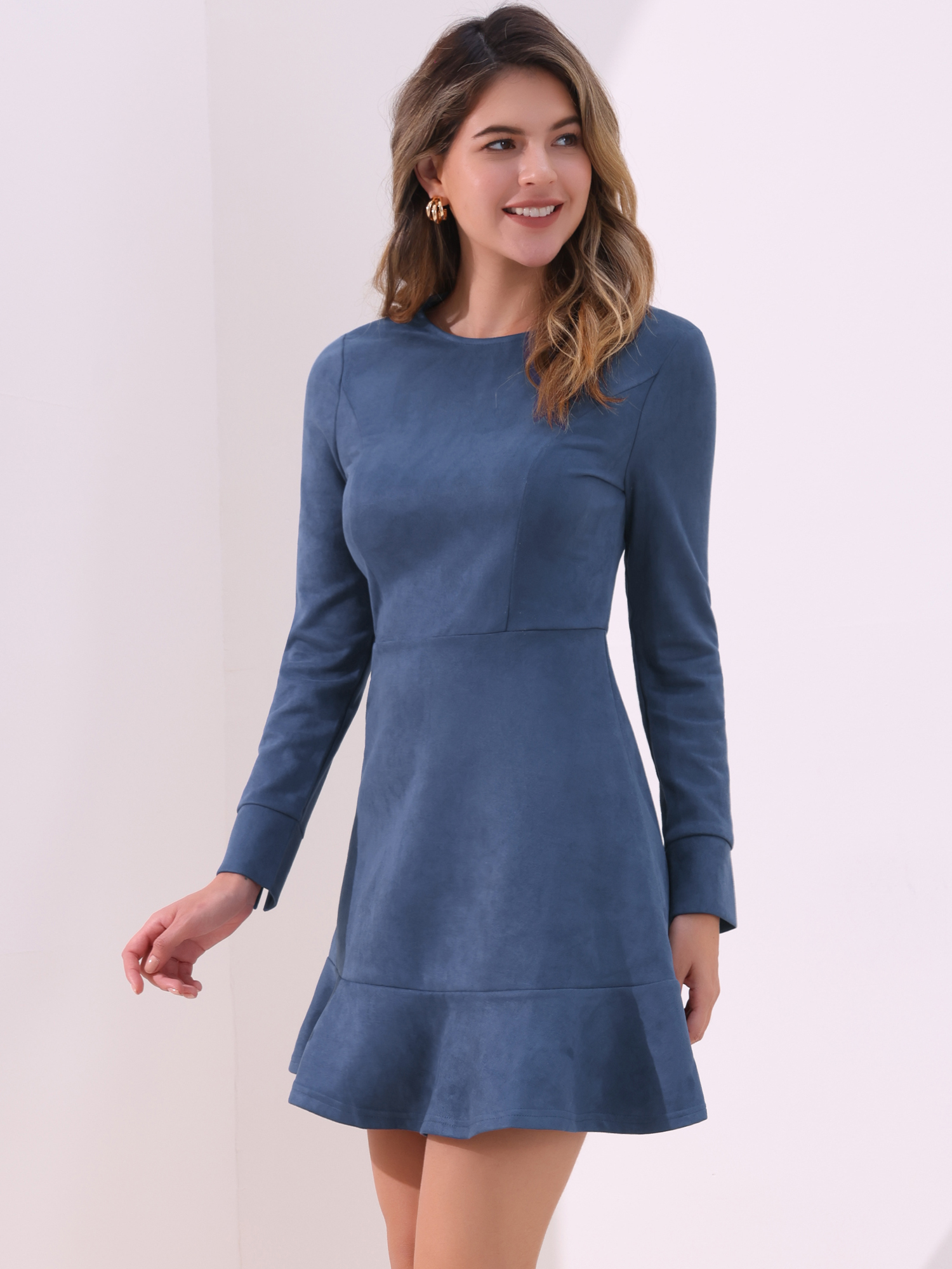 Faux Suede Round Neck Long Sleeve Ruffle Hem Party Mini Dress Dark Blue/XL