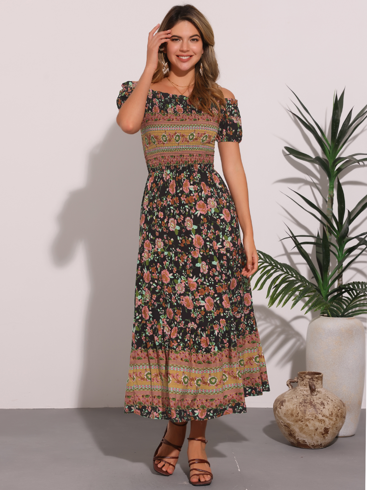 Boho Floral Off Shoulder Puff Sleeves Maxi Smocked Dress Black/XS