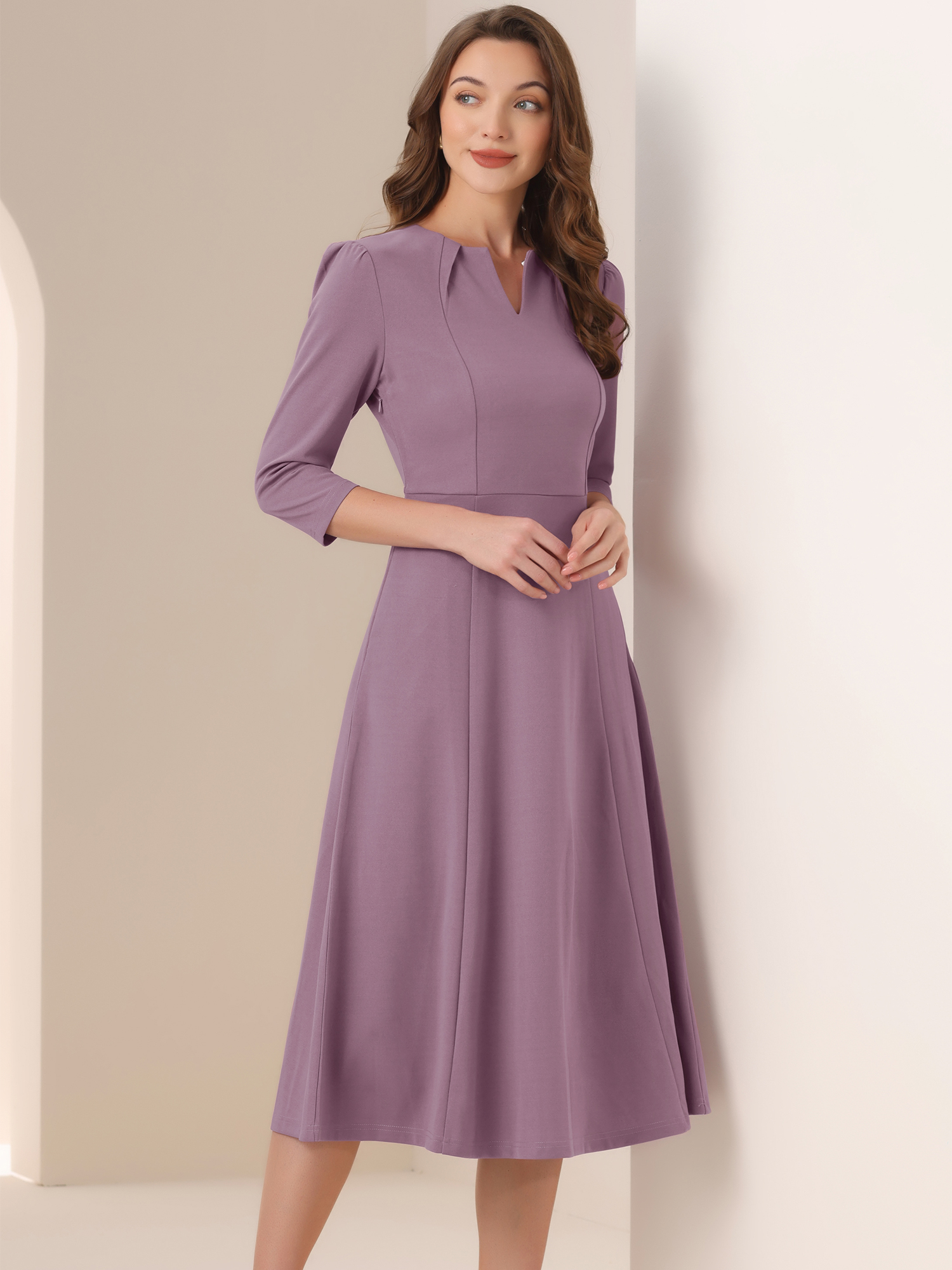 Notch Neck 3/4 Sleeve Pocketed Solid A-Line Work Dress Purple Grey/M