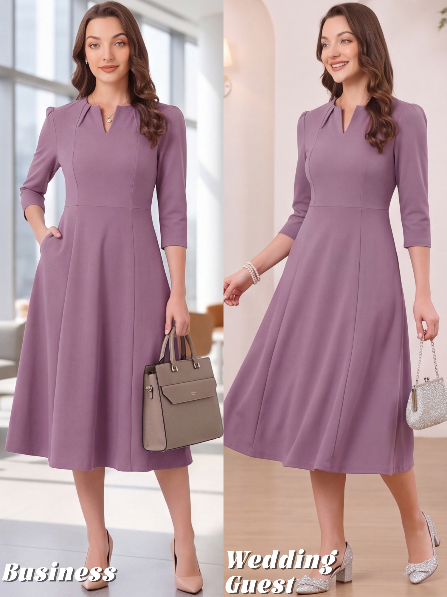 Notch Neck 3/4 Sleeve Pocketed Solid A-Line Work Dress Purple Grey/L