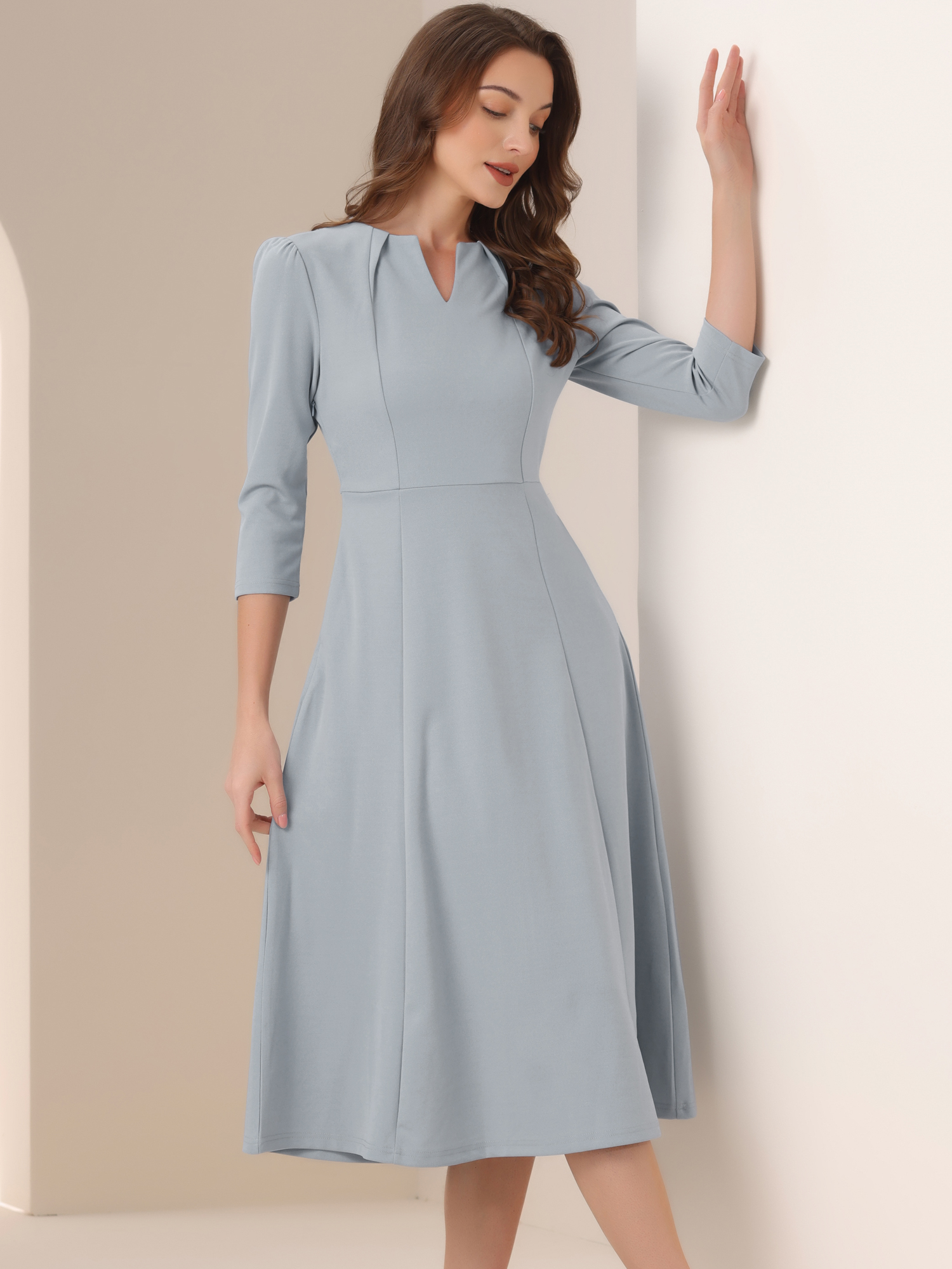 Notch Neck 3/4 Sleeve Pocketed Solid A-Line Work Dress Grey/M