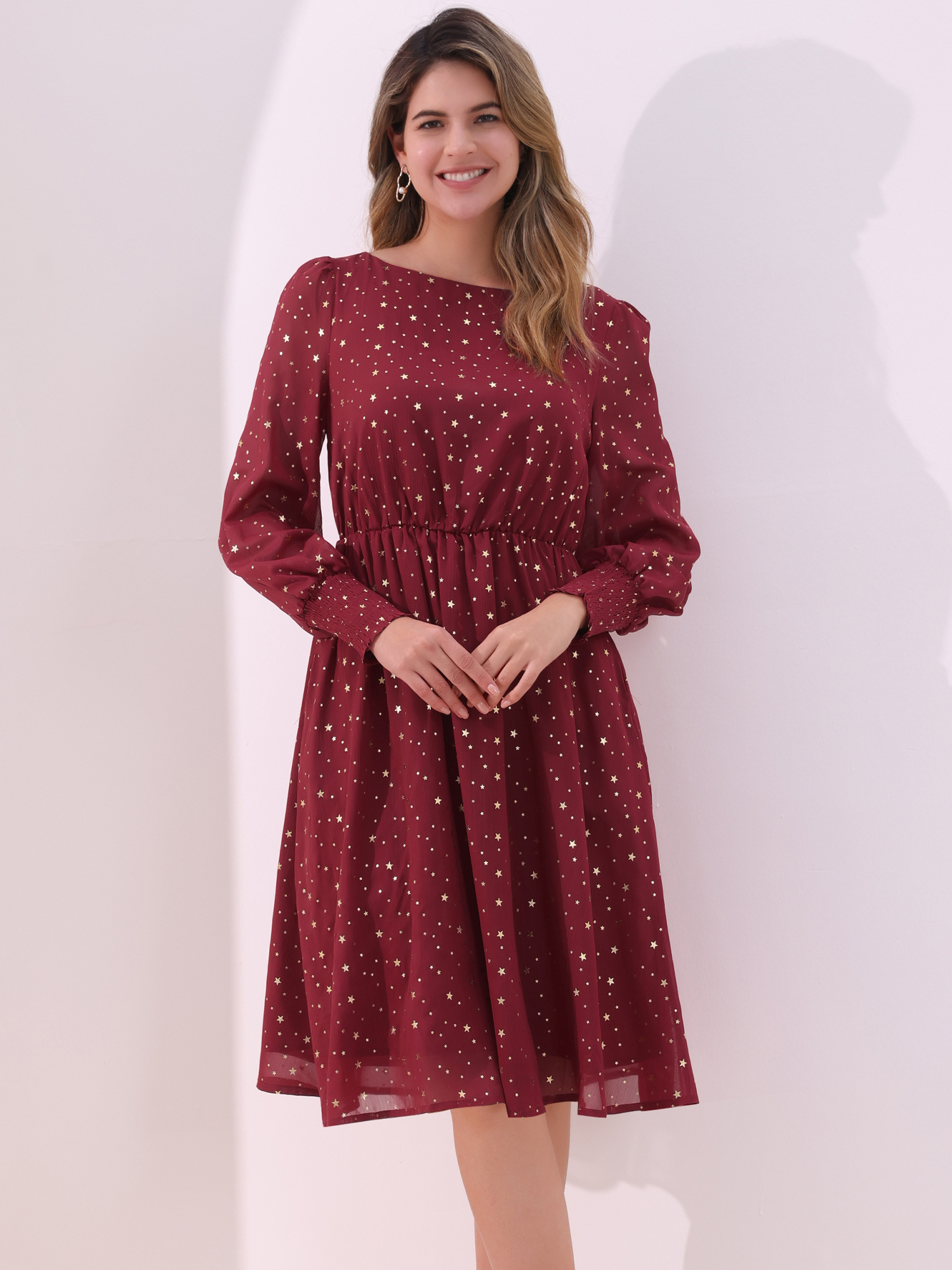 Puff Long Sleeve Metallic Stars Boat Neck Pockets Mesh Midi Dress Red/XL