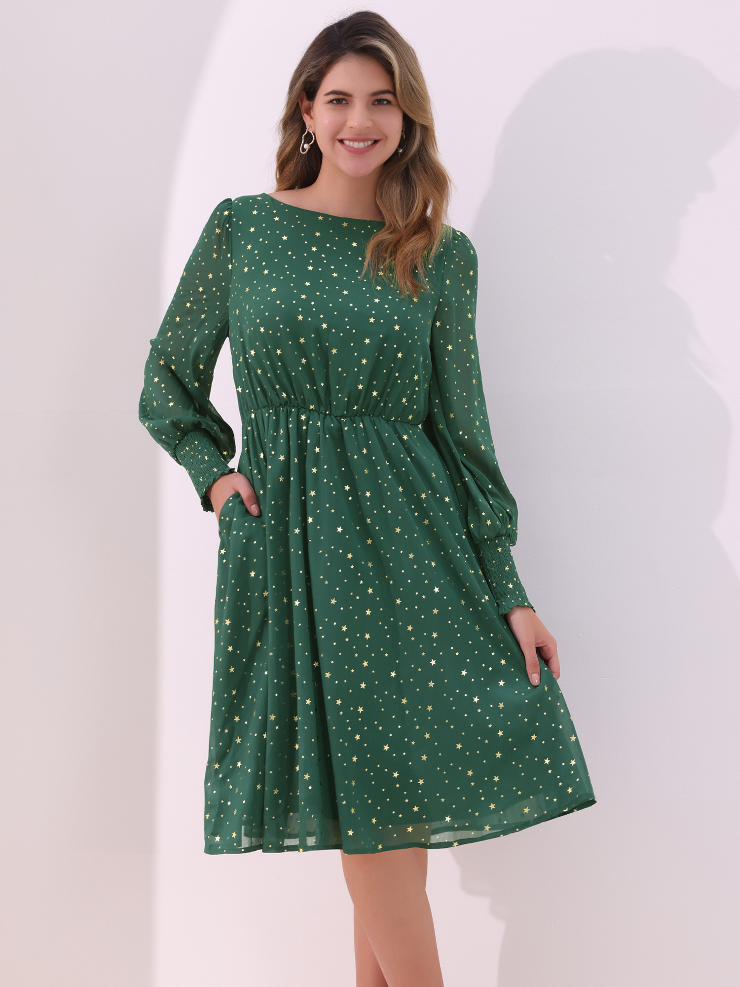 Puff Long Sleeve Metallic Stars Boat Neck Pockets Mesh Midi Dress Green/M