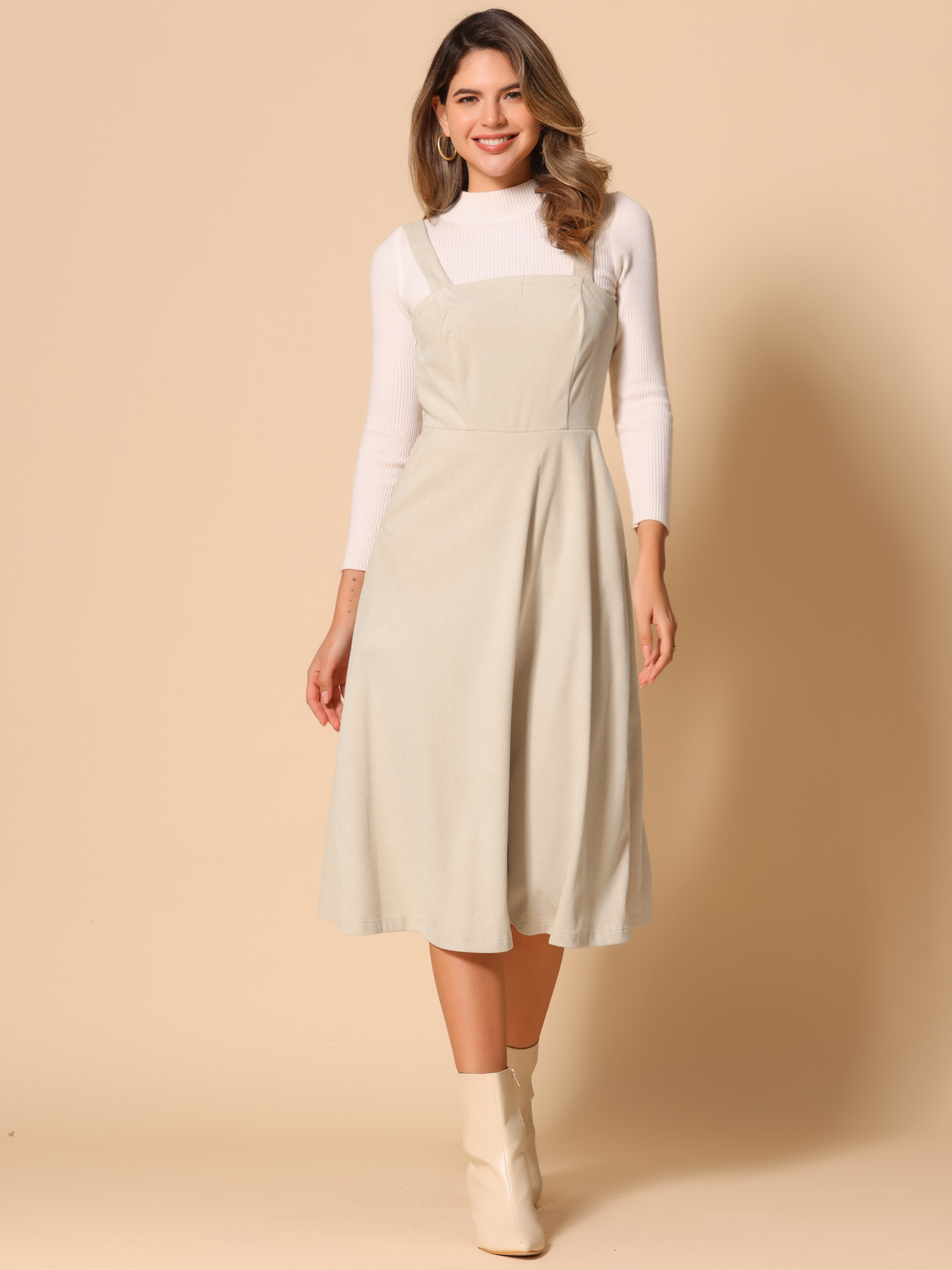 Corduroy Pockets A-Line Sleeveless Casual Midi Pinafore Dress Beige/M