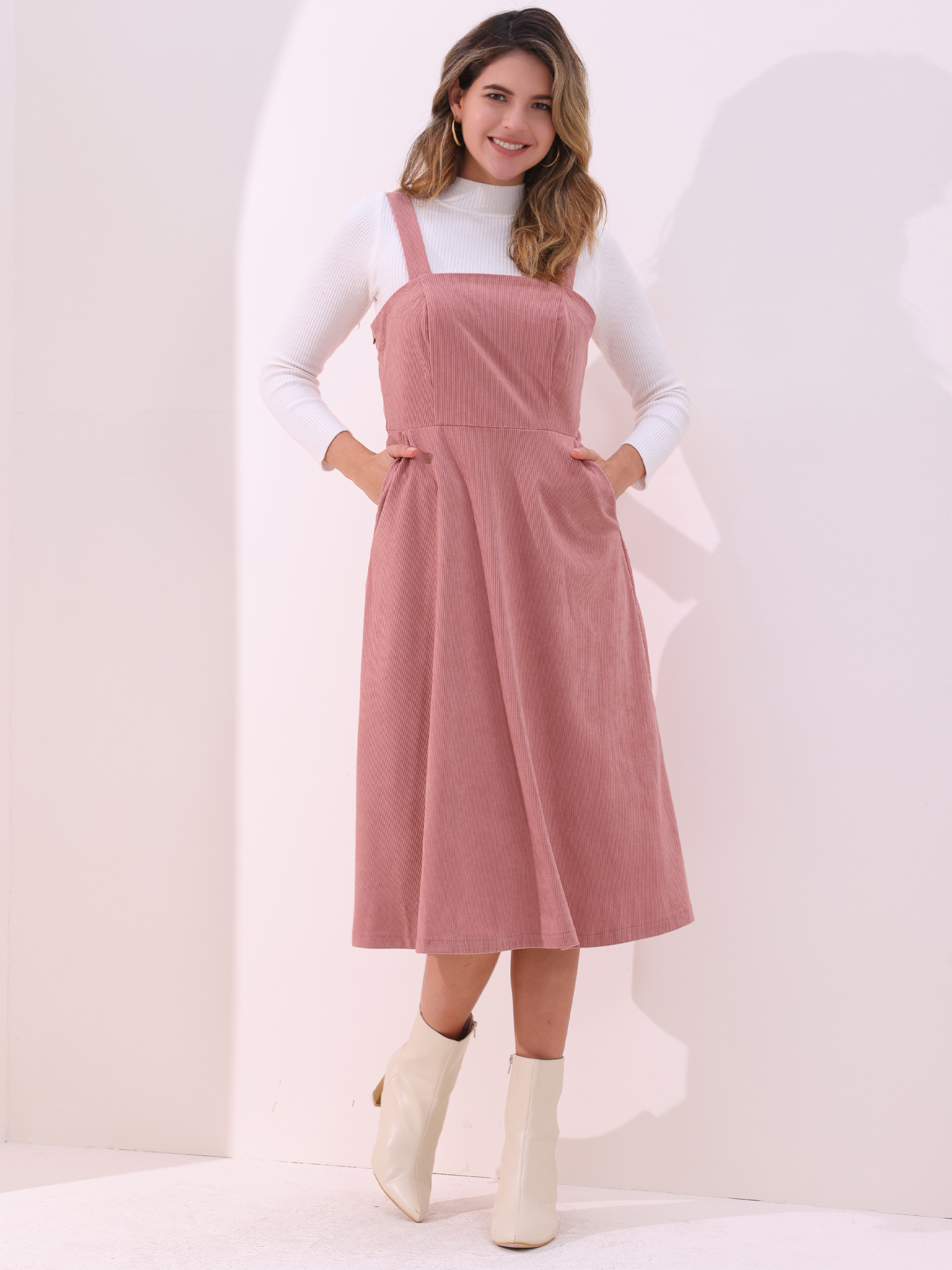 Corduroy Pockets A-Line Sleeveless Casual Midi Pinafore Dress Pink/M