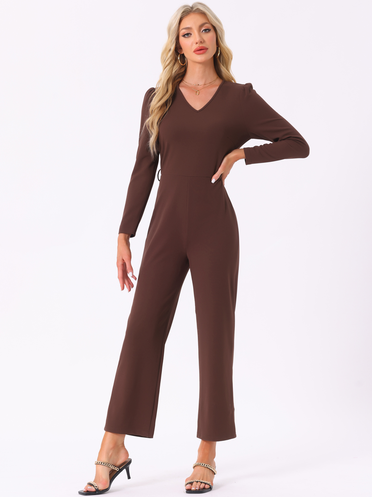 V Neck Long Sleeve Tie Waist Wide Leg Knit Jumpsuits Coffee/XL