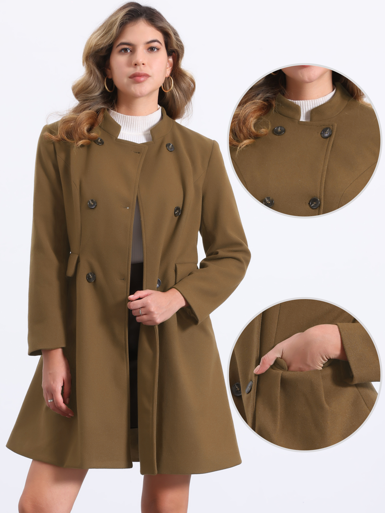 Stand Collar Double Breasted Pocket Long Sleeve Winter Coats Brown/L