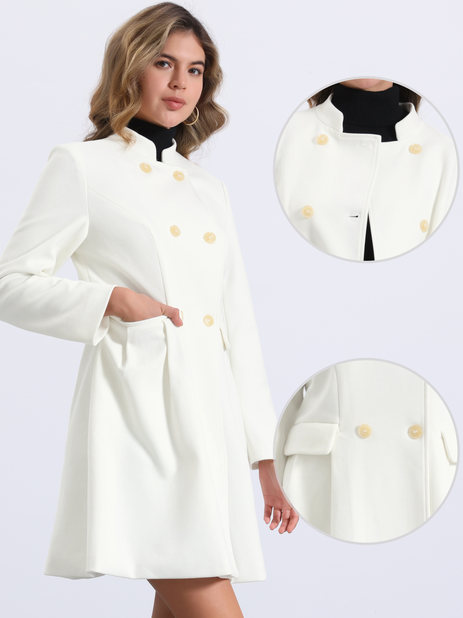 Stand Collar Double Breasted Pocket Long Sleeve Winter Coats White/L