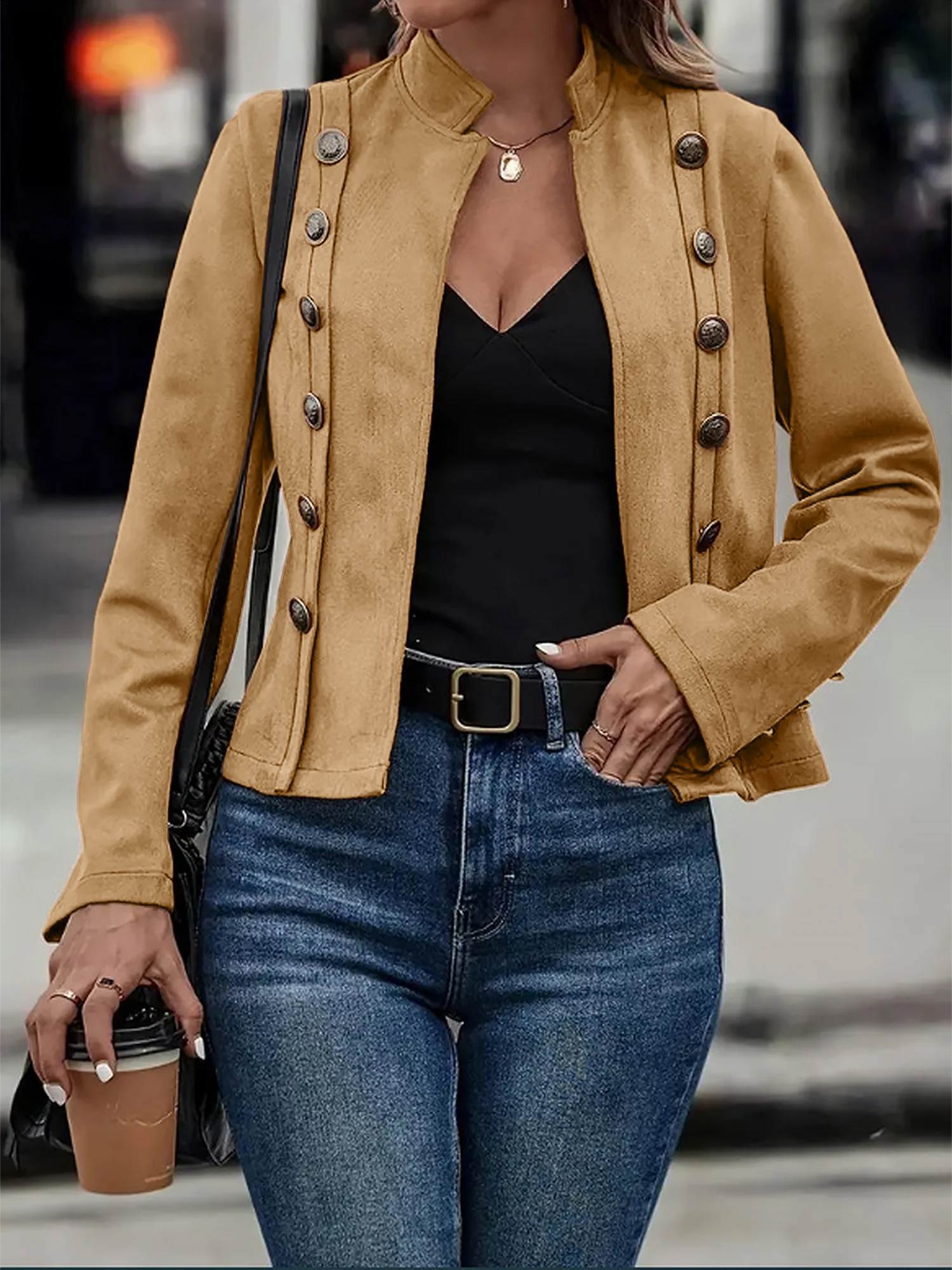 Faux Suede Long Sleeves Button Decor Cropped Jacket Brown/S