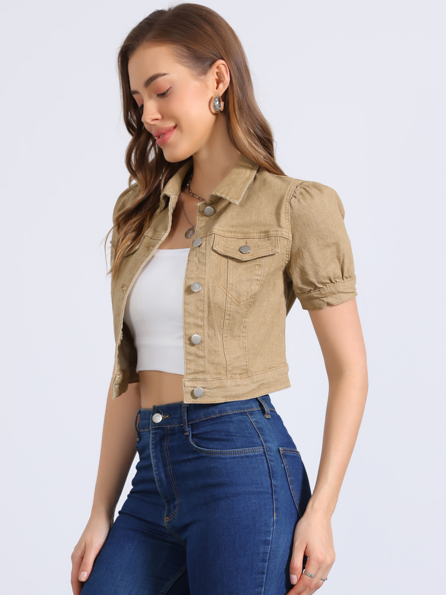 Casual Button-Down Puff Long Sleeve Crop Denim Jacket Khaki/XL