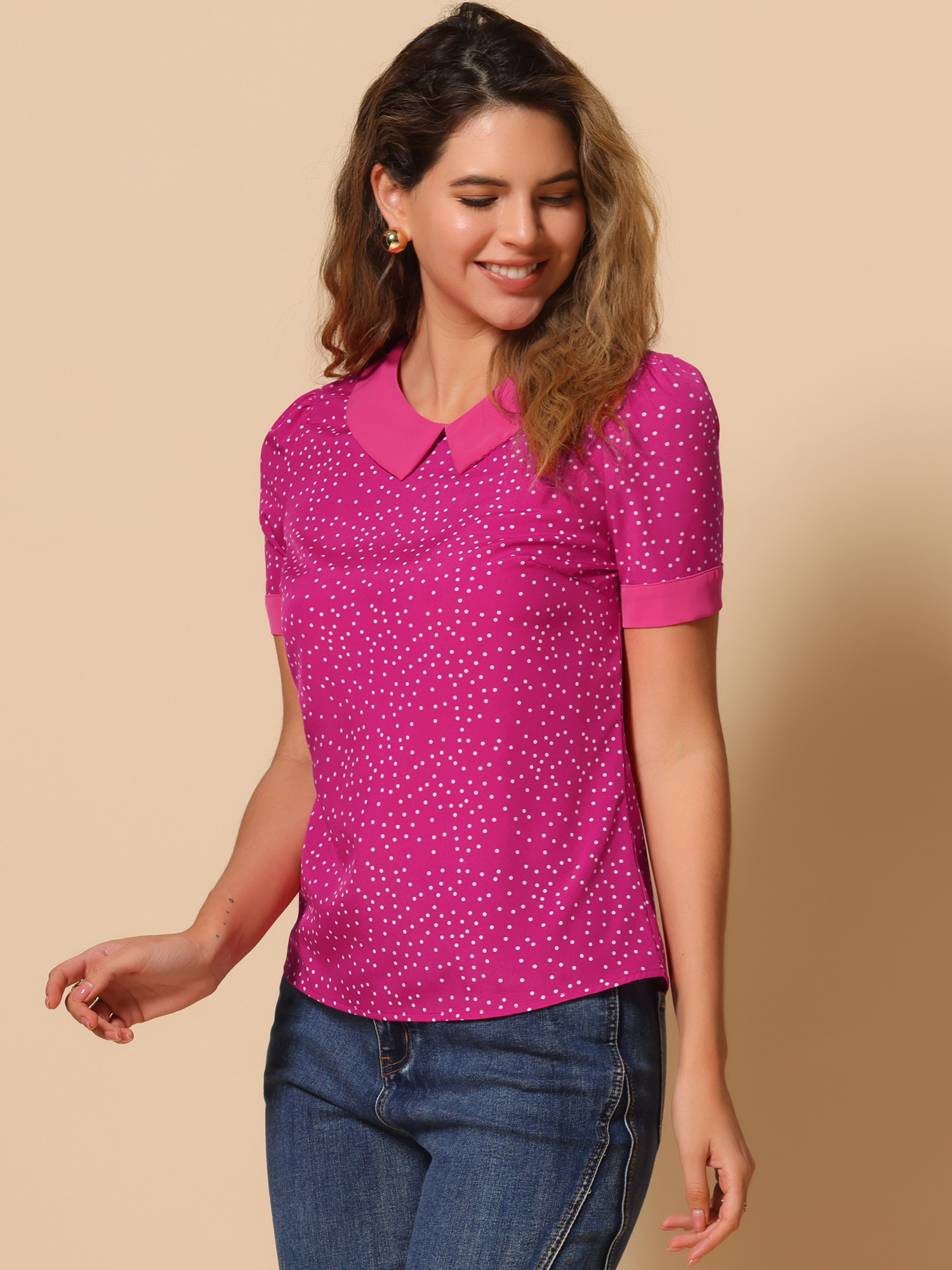 Peter Pan Collar Vintage Polka Dots Short Sleeves Blouse Hot Pink/XL