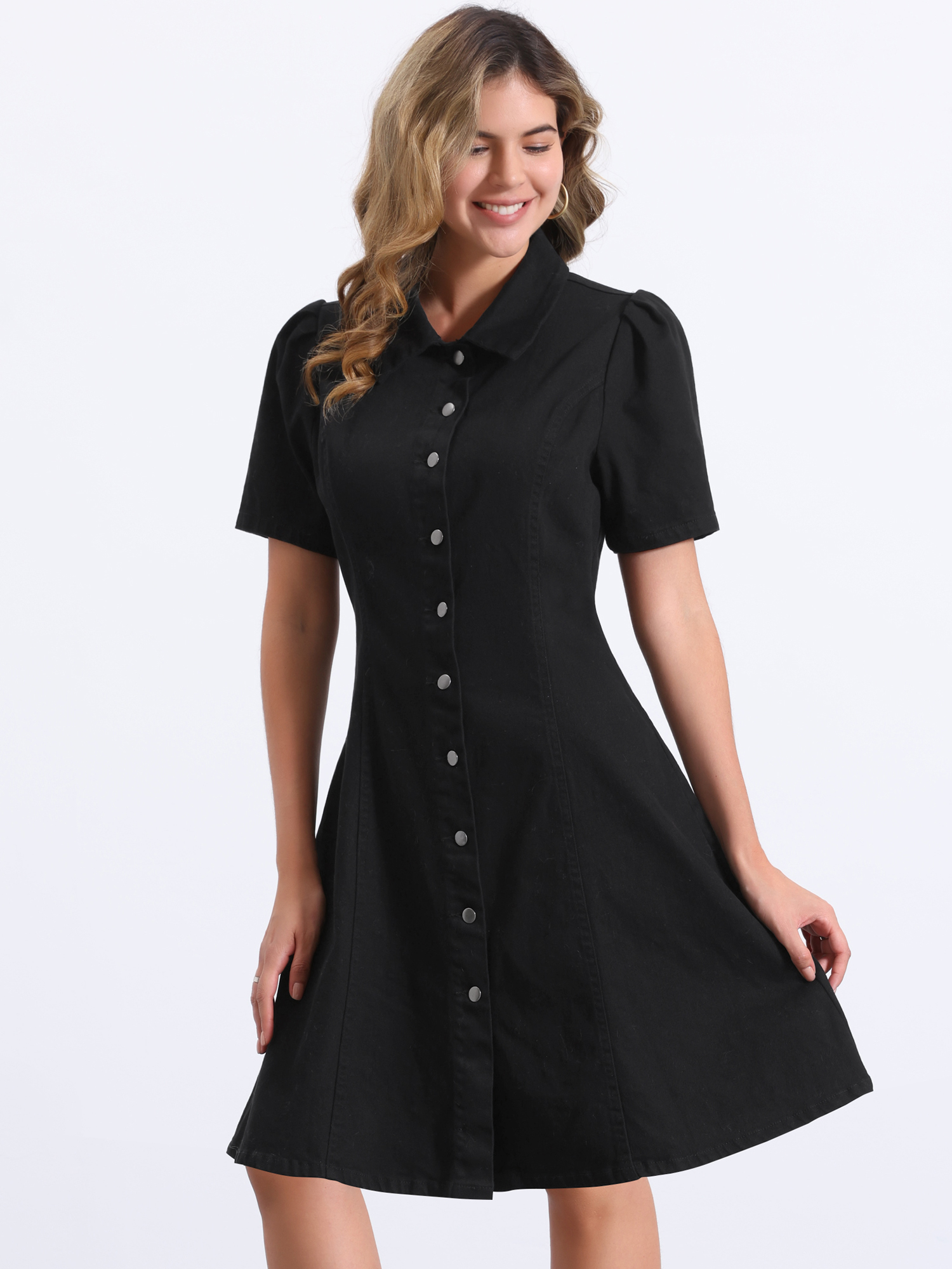 Denim Puff Sleeve Buttton Down Collared A-Line Jean Dress Black/XL