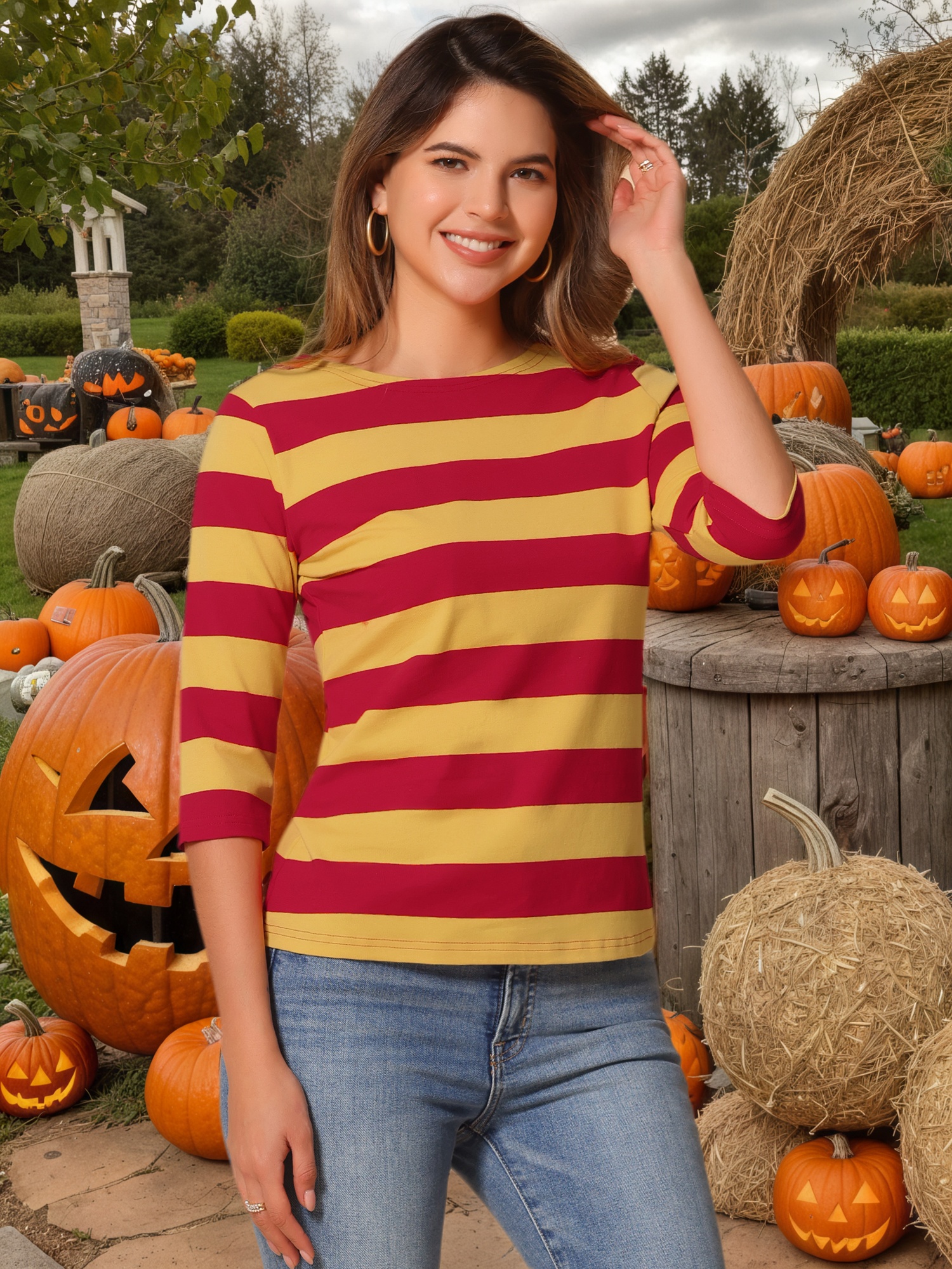 Striped 3/4 Sleeve Casual Basic Boat Neck T-shirt Yellow Red/XL