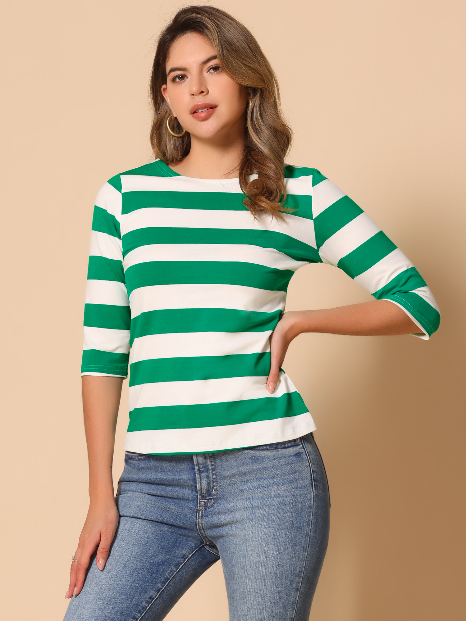 Striped 3/4 Sleeve Casual Basic Boat Neck T-shirt Mint Green White/M