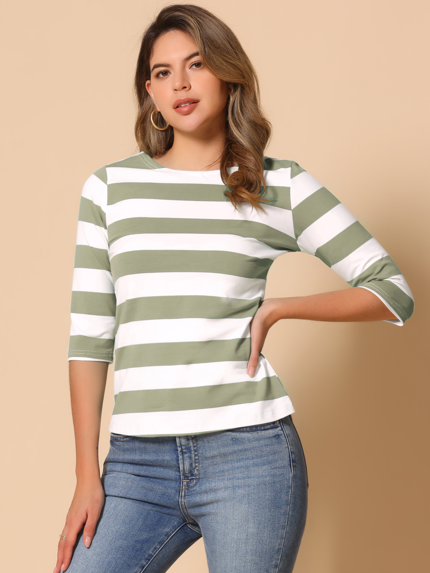Striped 3/4 Sleeve Casual Basic Boat Neck T-shirt Bean Green White/L