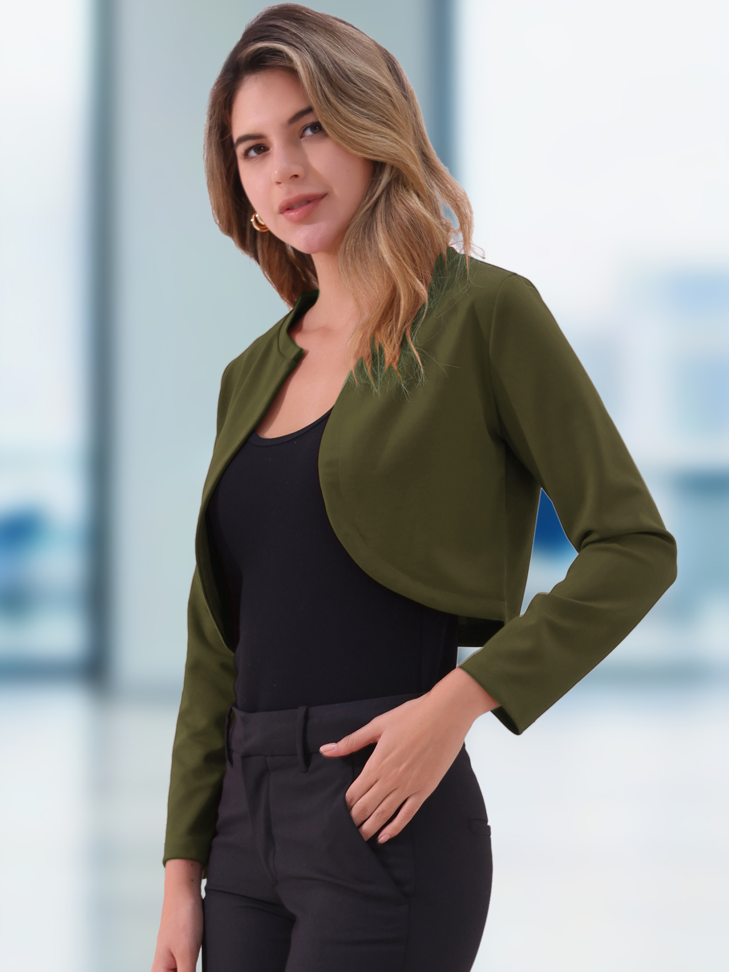 Curved Hem Long Sleeves Open Front Cropped Jacket Bolero Shrug Army Green/S