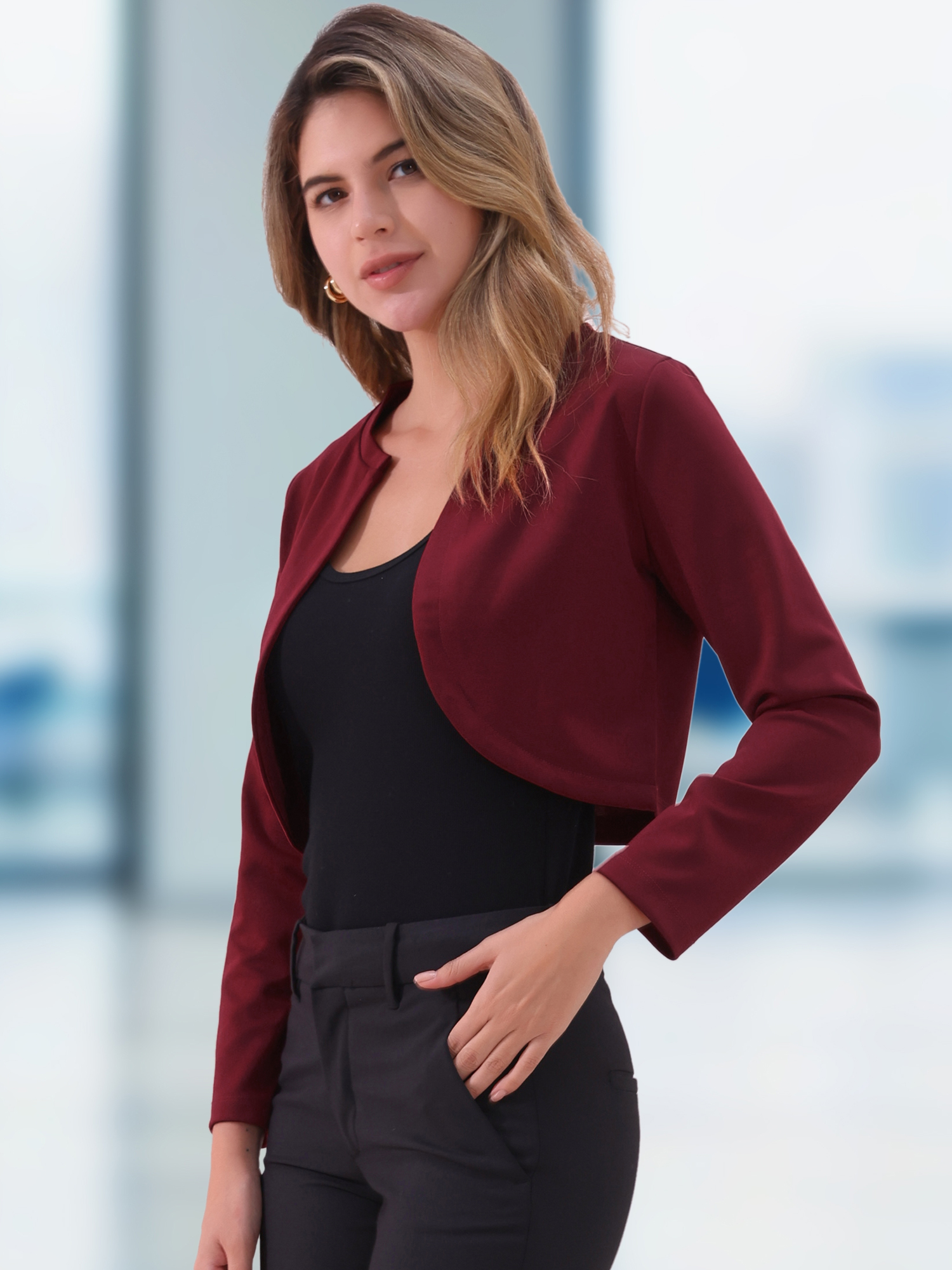 Curved Hem Long Sleeves Open Front Cropped Jacket Bolero Shrug Dark Red/XS