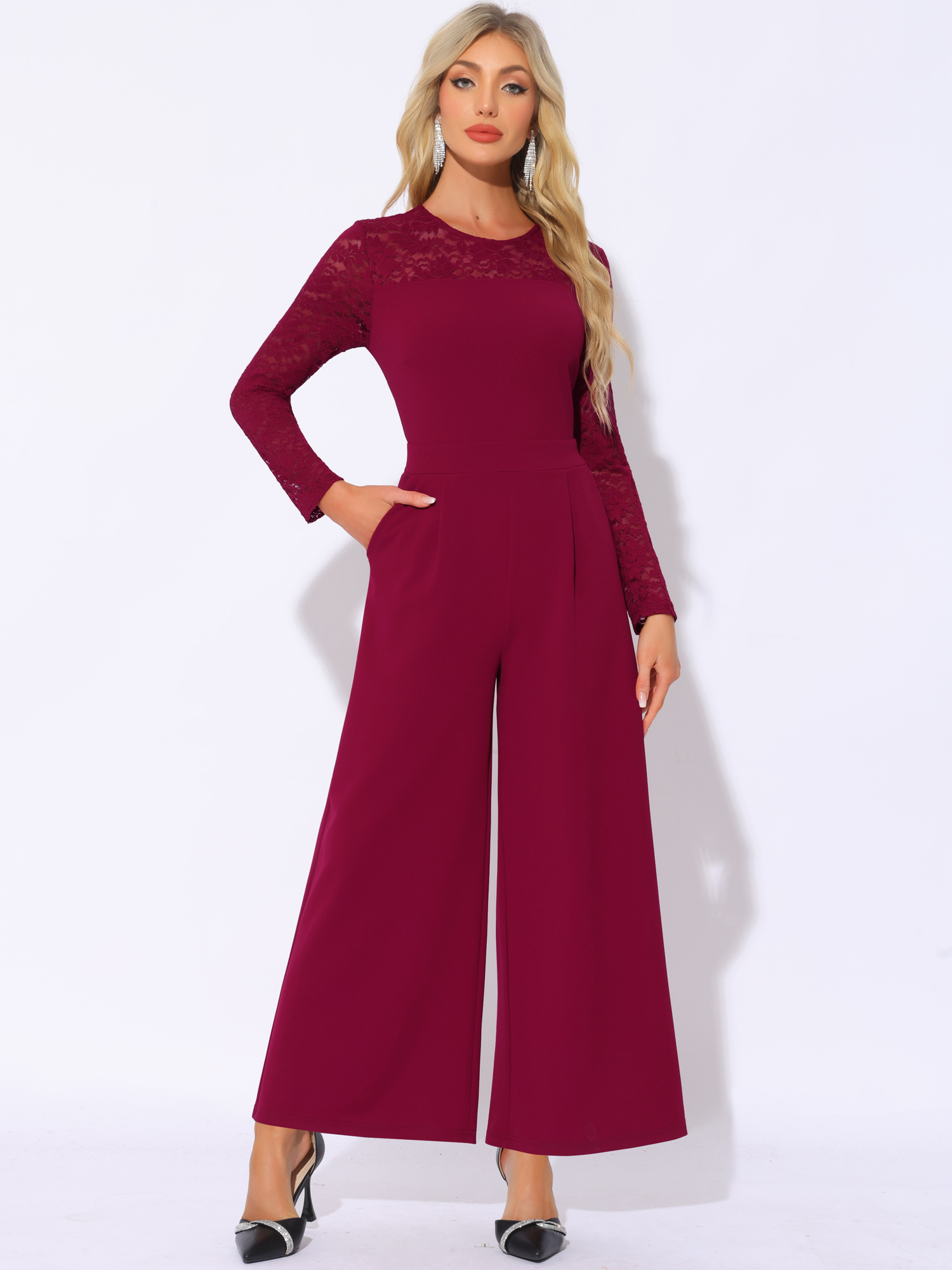 Crew Neck Mesh Lace Sleeve Wide Leg Jumpsuit Burgundy/M
